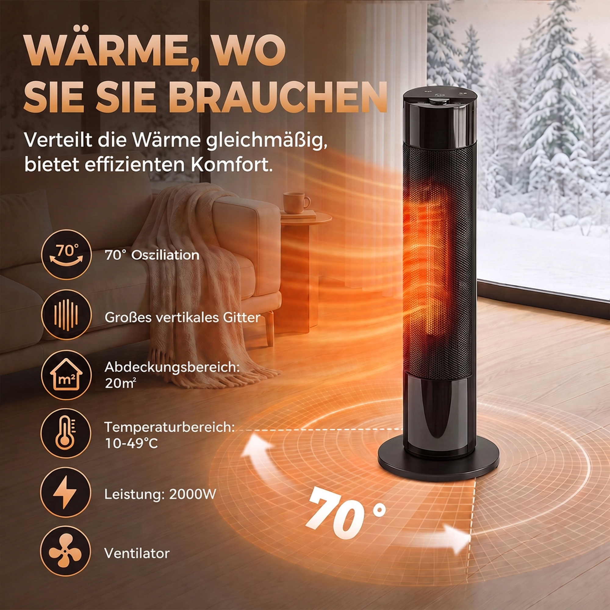 Keramik Heizlüfter 2000W Thermostat 3D Flamme Elektroheizung Fernbedienung Schwarz