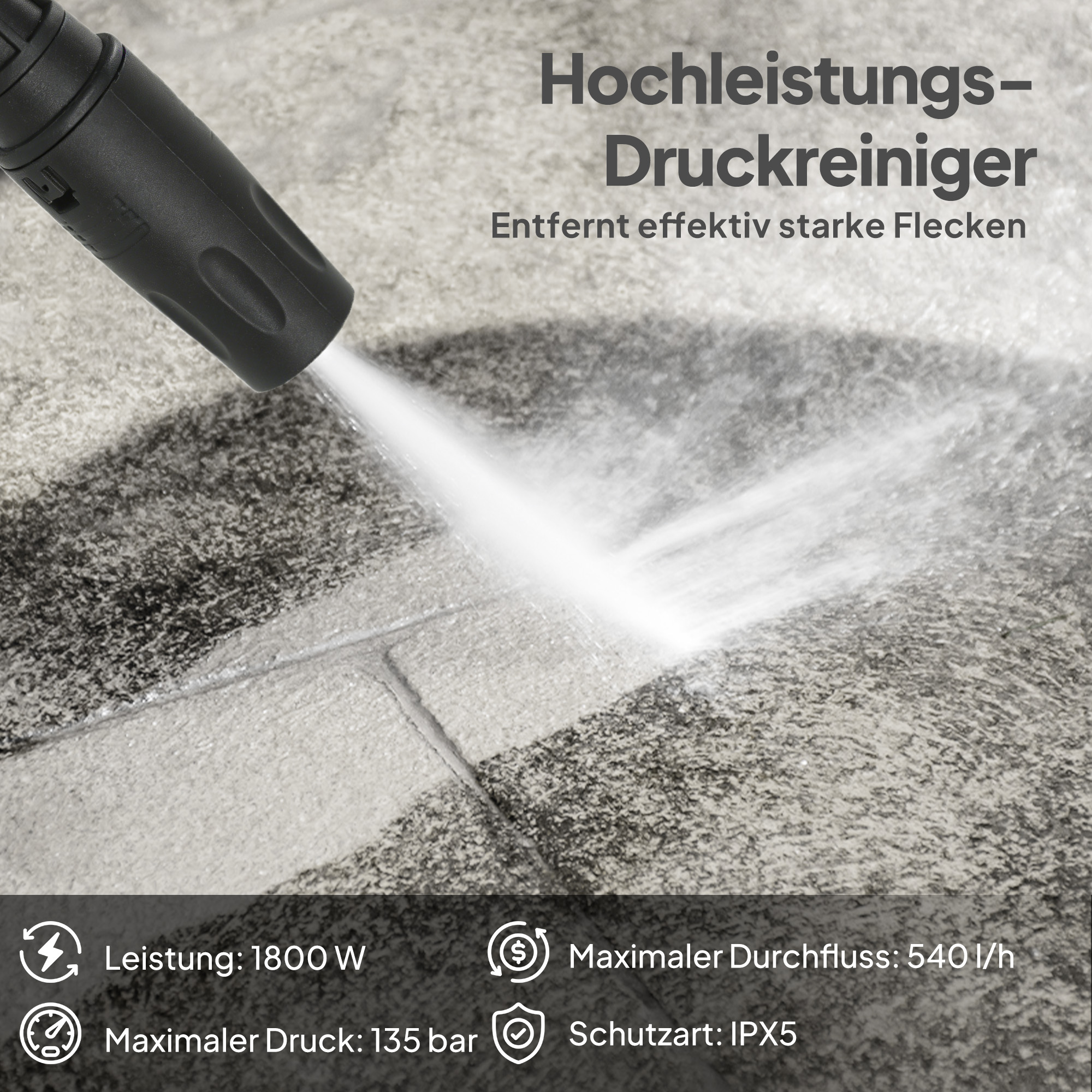 Hochdruckreiniger mit Aluminiumpumpe 135 bar Maximaldruck 1800W Leistung 540 L/h 5m Schlauch verstellbare Düse & Griffe