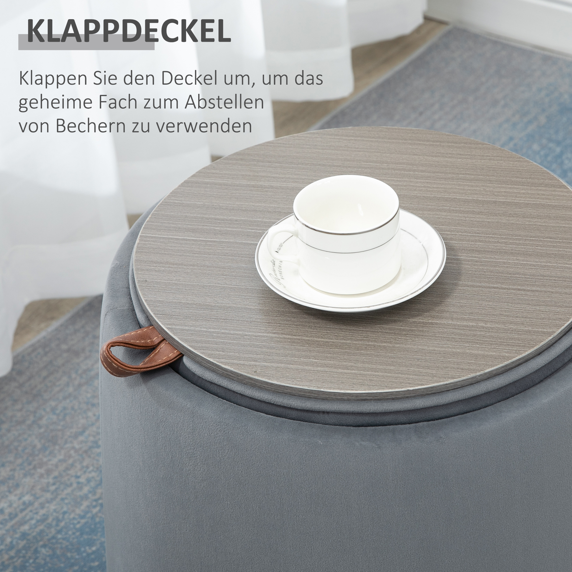 2-in-1 Hocker in Samtoptik inklusive Stauraum und abnehmbaren Deckel Ø44 cm x 47,5 cm Grau