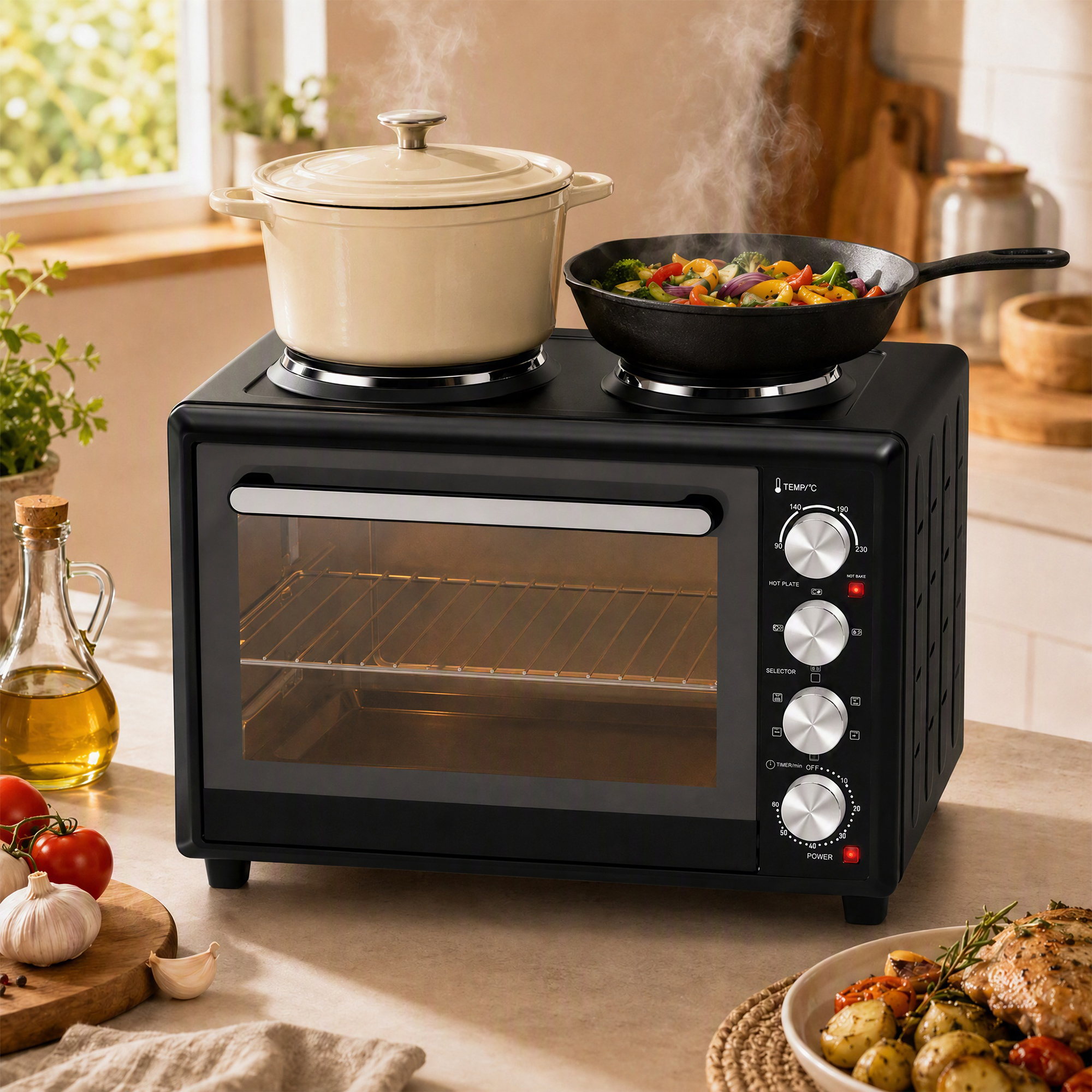 36L Mini-Backofen mit 2 Kochplatten, elektrischer Tischbackofen mit Umluft, 90–230 °C