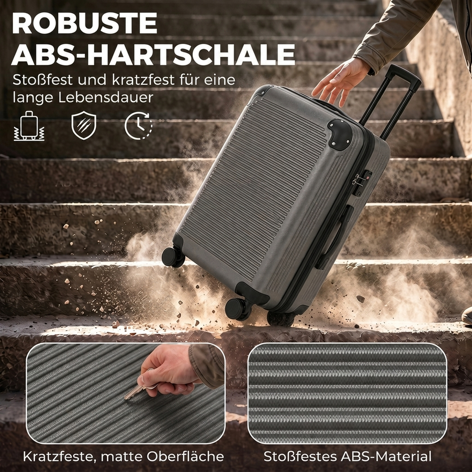 Hartschalenkoffer 66 cm, erweiterbar, ABS, mit 4 Spinner-Rollen, oberem und seitlichem Griff, TSA-Schloss, Dunkelgrau