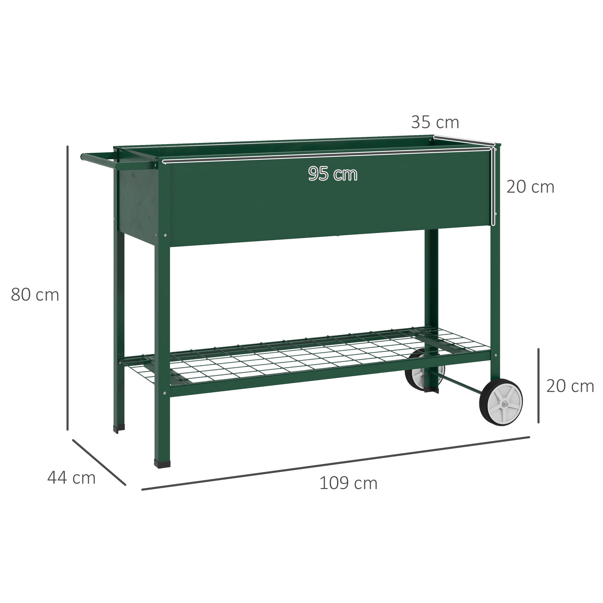 Hochbeet Pflanzbeet Pflanzkasten, 1 Ablage, 2 Rollen, 109 cm x 44 cm x 80 cm, Grün