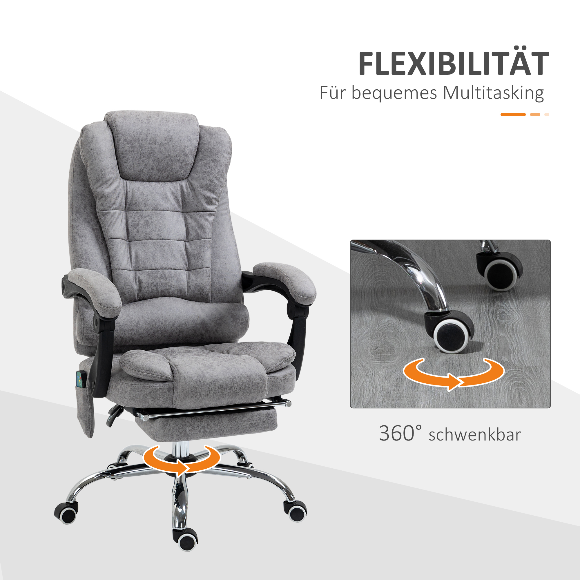 Bürostuhl mit Massagefunktion, Ergonomischer Schreibtischstuhl mit Liege- & Wärmefunktion, Fernbedienung, Grau