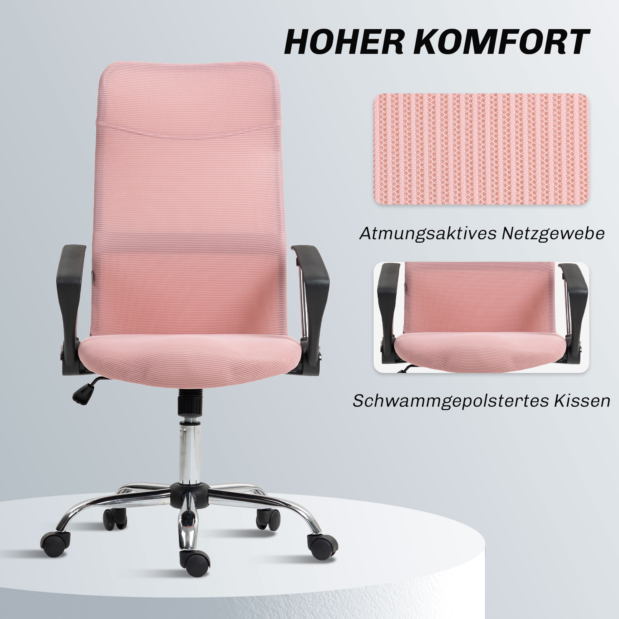 Ergonomischer Bürostuhl Höhenverstellbarer Drehstuhl mit Wippfunktion, Netzbespannung, 63 x 65 x 109-119 cm Rosa