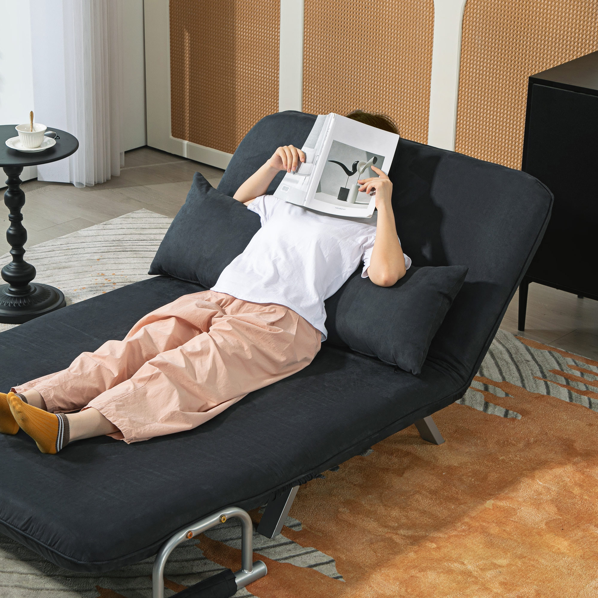 Schlafsofa, 5-fach verstellbar, Wildlederimitat, Stahlrahmen, inkl. Kissen, Schwarz