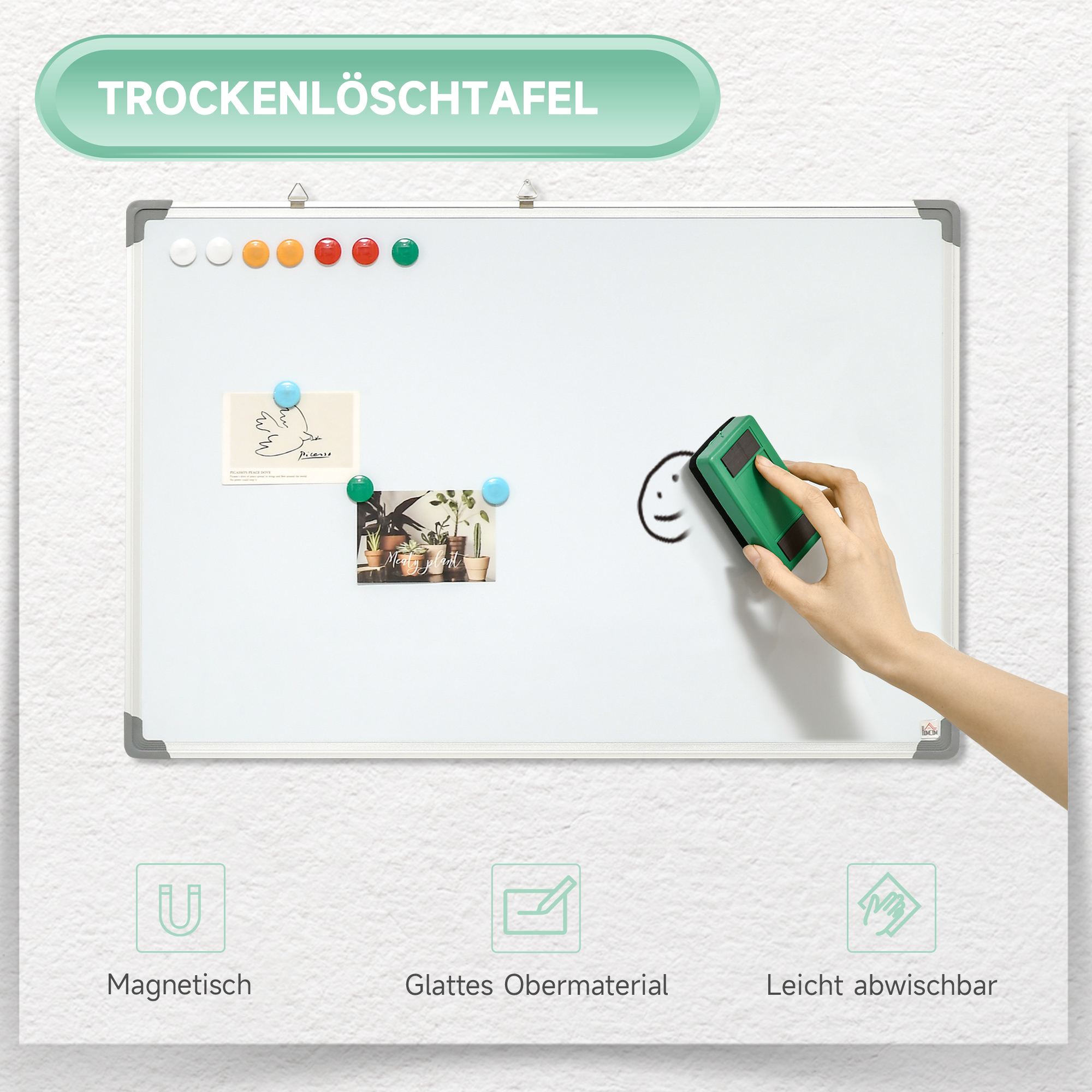 Whiteboard, Magnettafel, Notiztafel, inklusive Zubehör, 4 Stifte, 1 Schwamm, 10 Magnete, Weiß + Silber