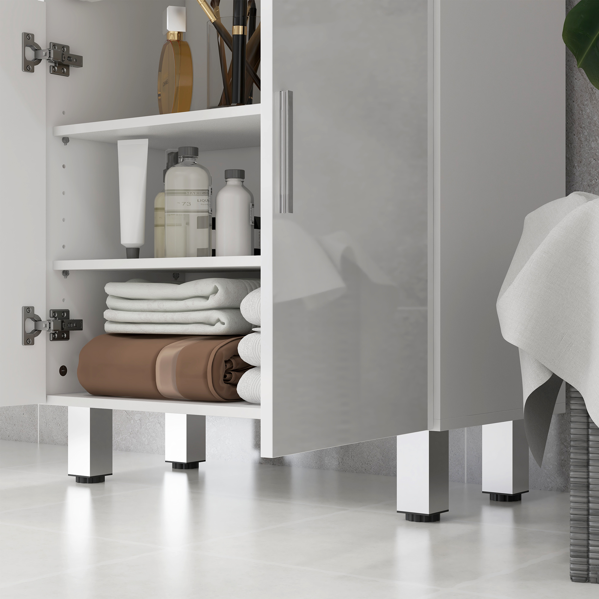 Badezimmerschrank, Badkommode, 2 Schubladen, verstellbares Regal, Holz, Weiß