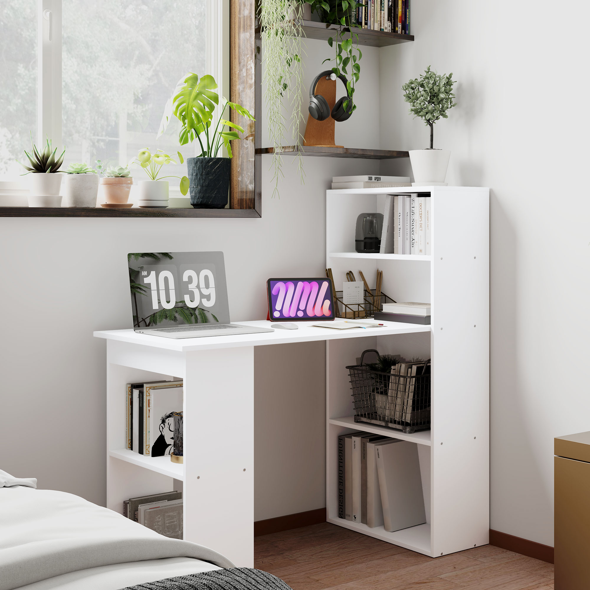 Schreibtisch Bürotisch Computertisch, 2 Regale, 5 Regalböden, 120 cm x 55 cm x 120 cm, Weiß