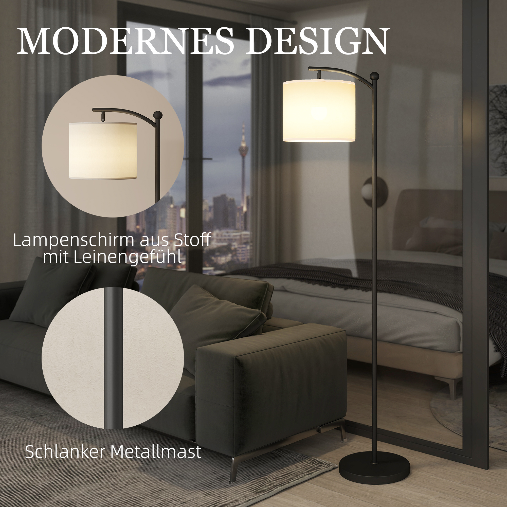 Stehlampe, verstellbare Lichtoptionen, Fußschalter, Fernbedienung, Metall, Schwarz
