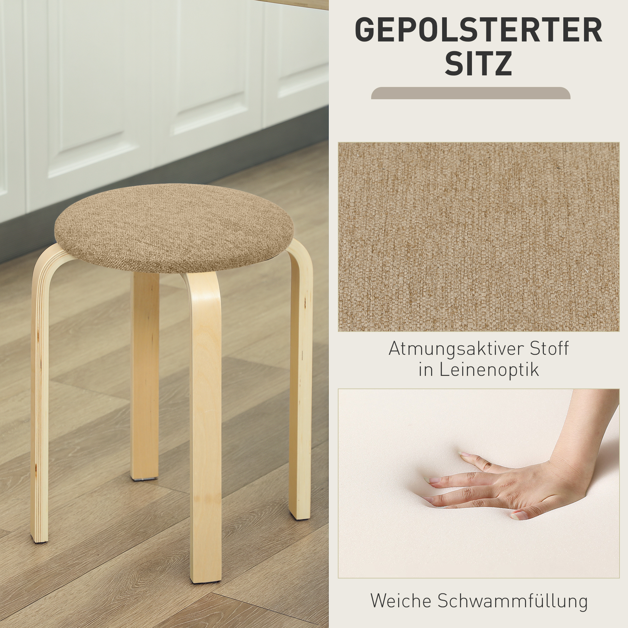 Polsterhocker im 4er-Set, stapelbar, lackierte Oberfläche, Holzbeine, Khaki