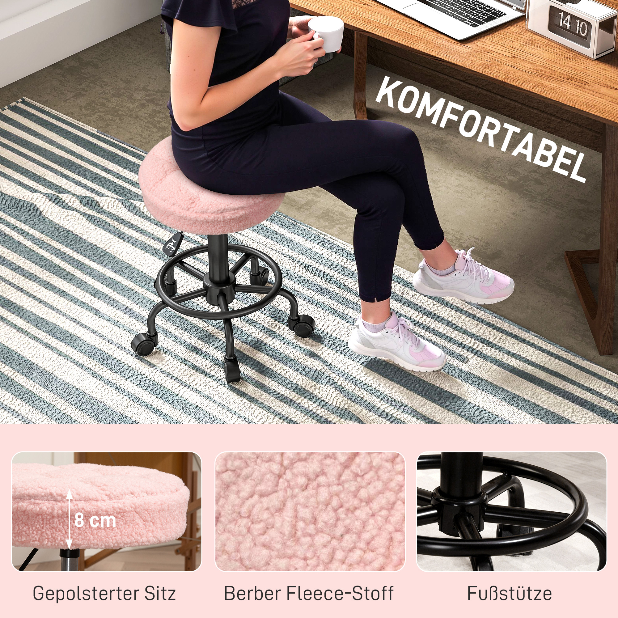 Rollhocker höhenverstellbar Drehhocker 55-66 cm Arbeitshocker 360° drehbar Ø50 x 50-66 cm Rosa