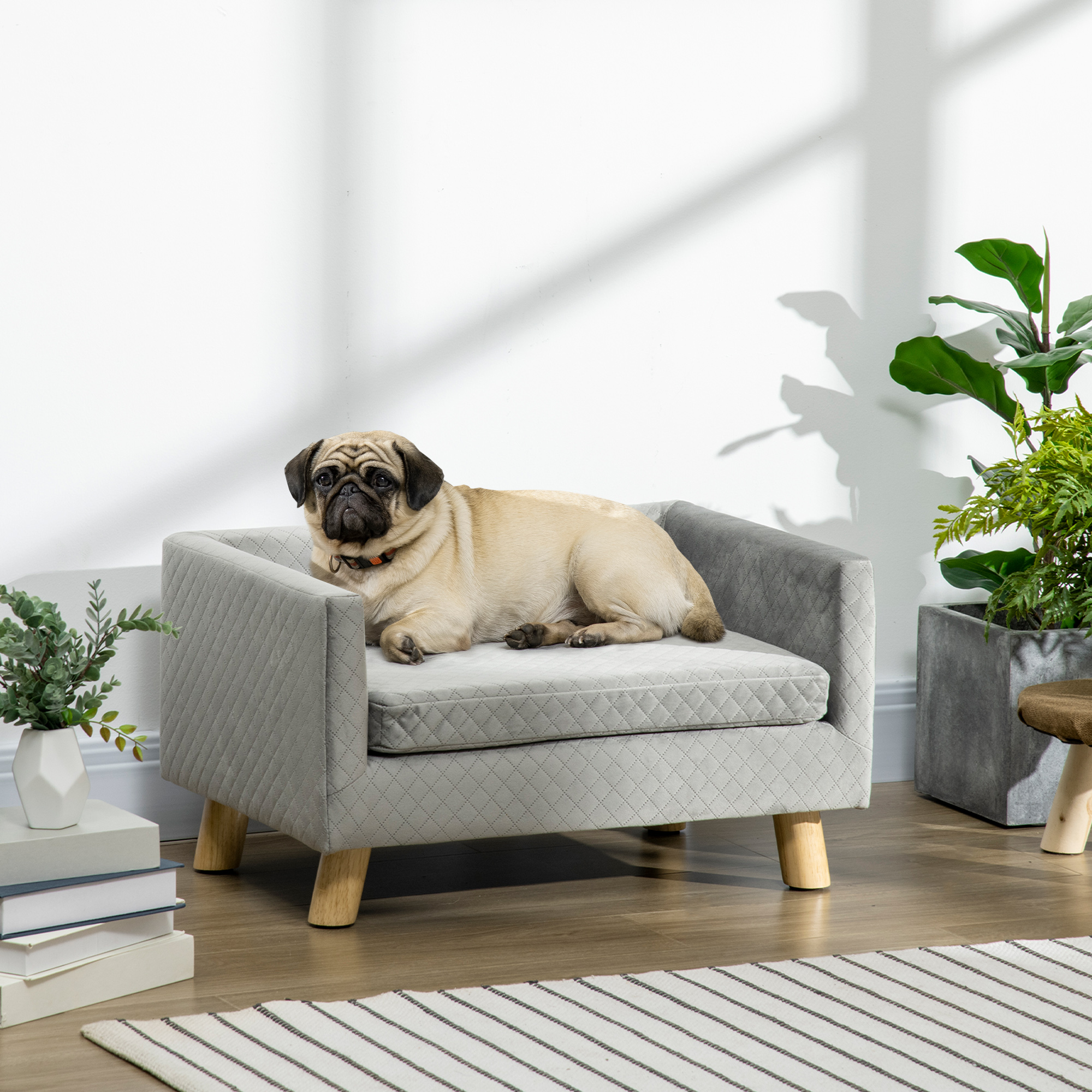 Hundesofa mit Holzbeinen Hundebett Haustiersofa Hundematte für kleine Hunde bis zu 8 kg Samt-Touch Grau 64 x 45 x 36 cm