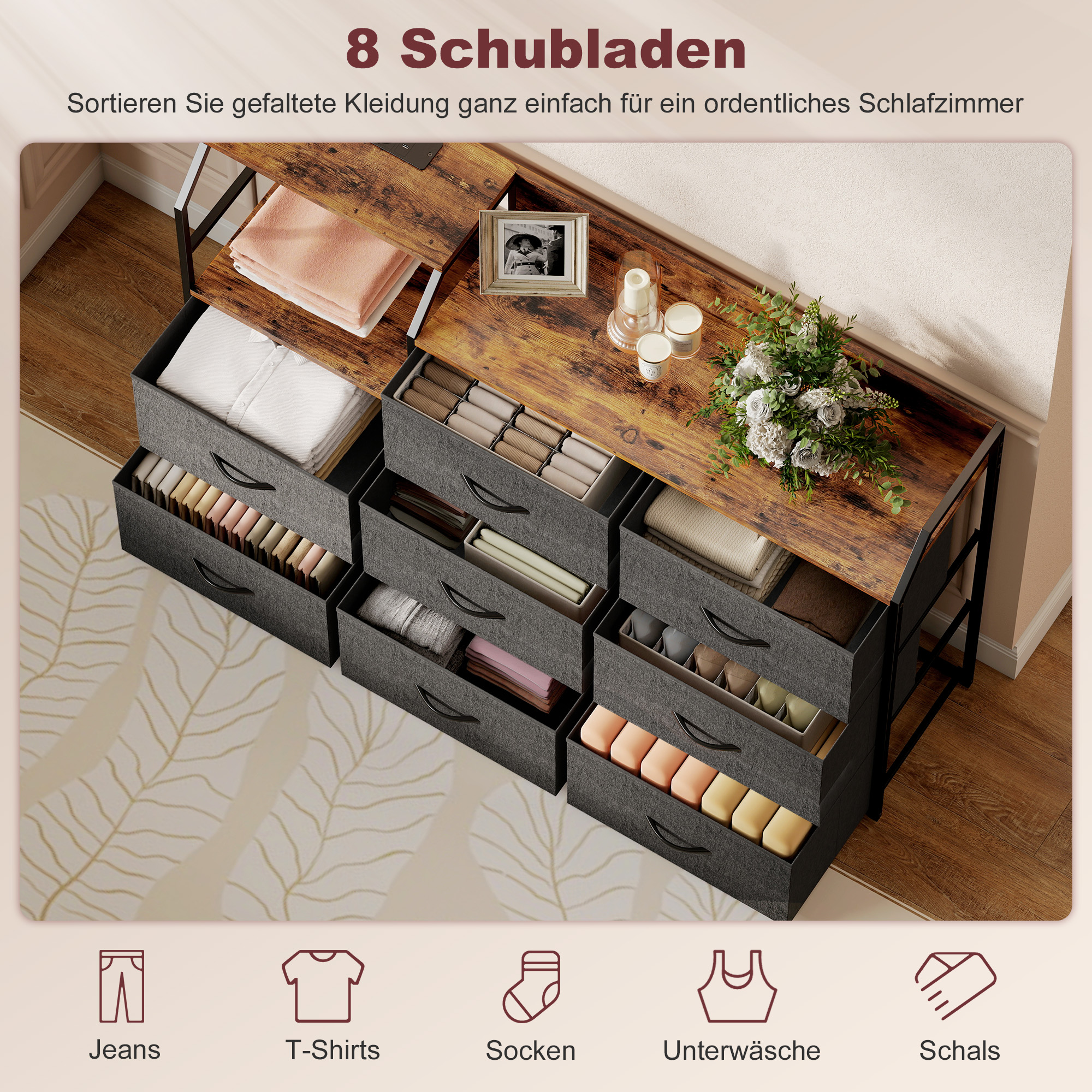 Kommode mit 8 Stoffschubladen, Stahlrahmen, Ladestation, Rustikal-Braun+Schwarz