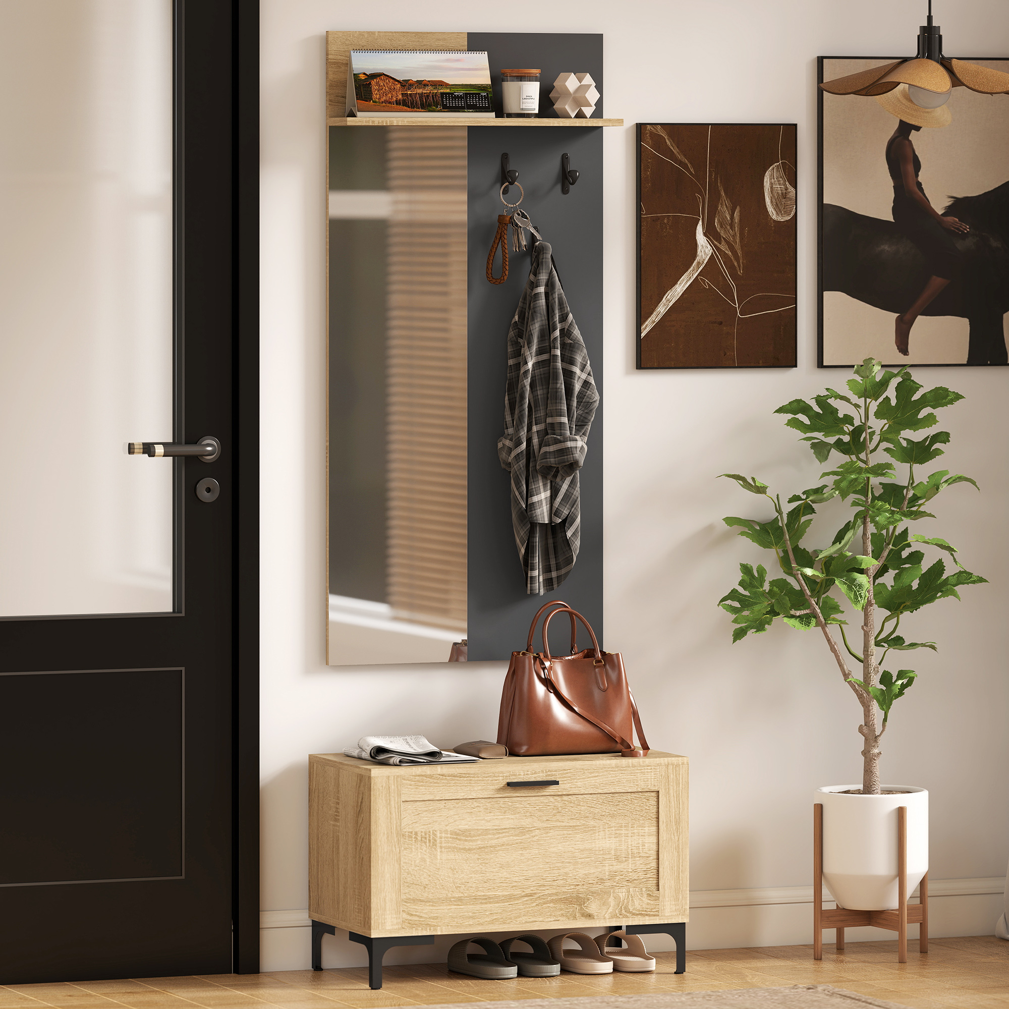 Garderobenset für Eingangsbereich, Schuhbank, Spiegel, 3 Haken, Offenes Regal, Flurmöbel, Naturholz+Grau