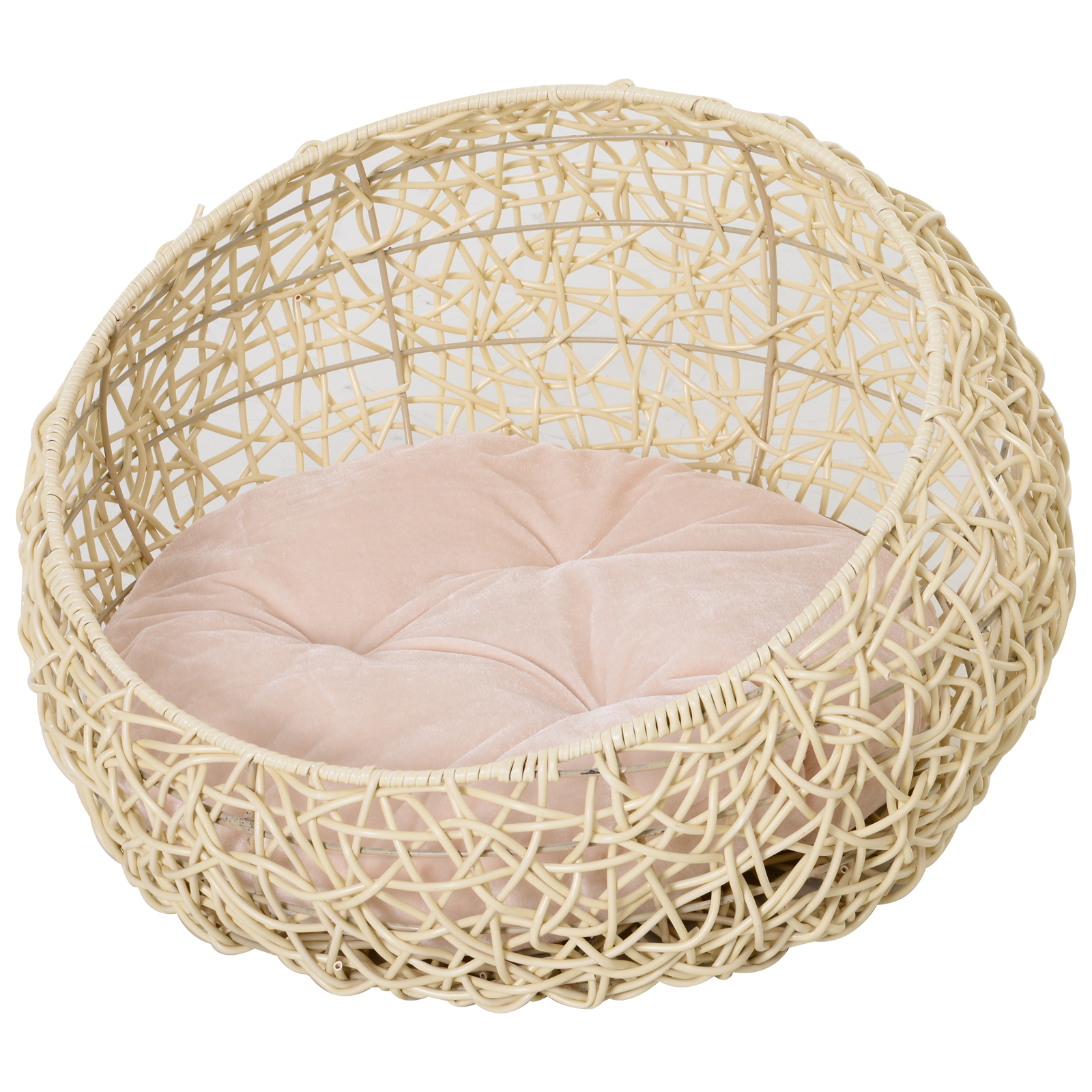 Rattan Katzenhöhle Katzenbett Katzenhaus mit Kissen Katzenzelt Haustierhaus für Katzen Hunde Beige Ø56 x 35 cm