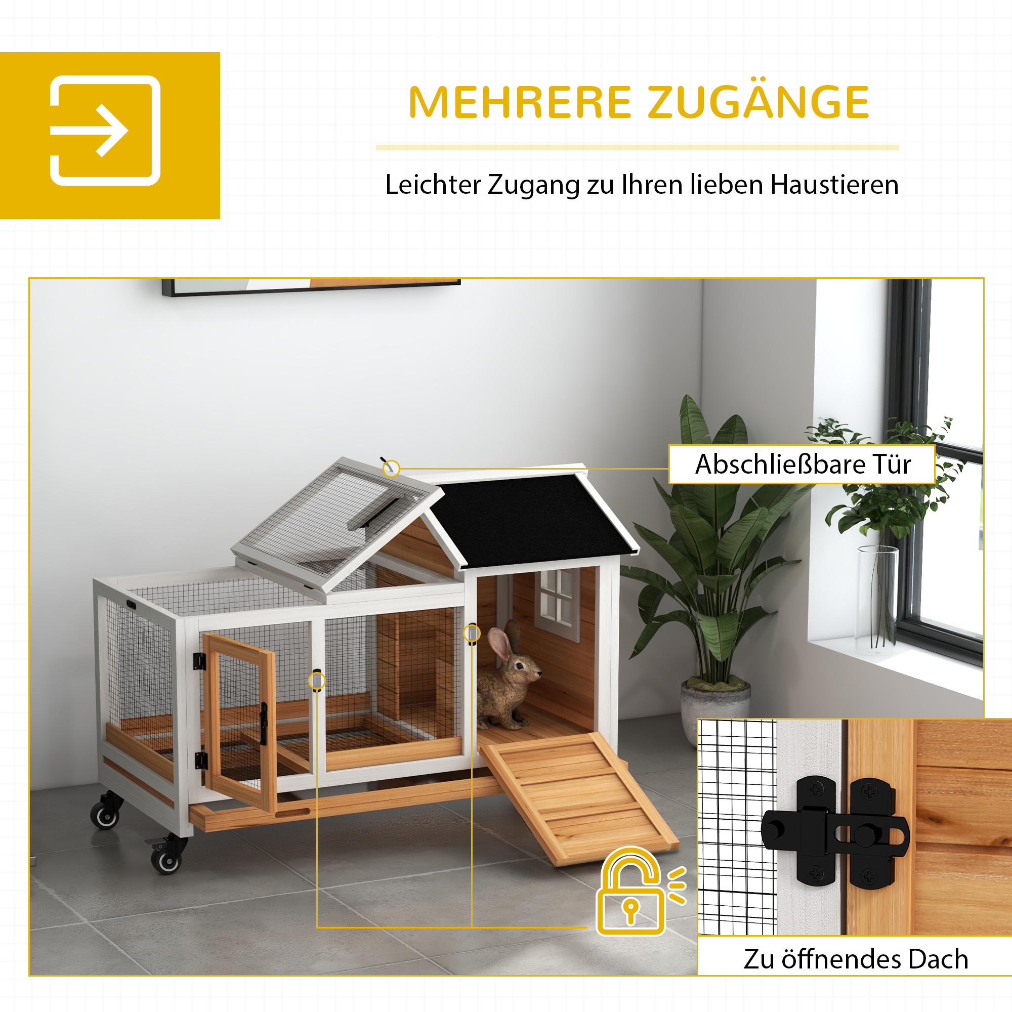 Kleintierstall für Zwergkaninchen, Meerschweinchen, mit Rädern, 108 x 58 x 73,5 cm, Gelb