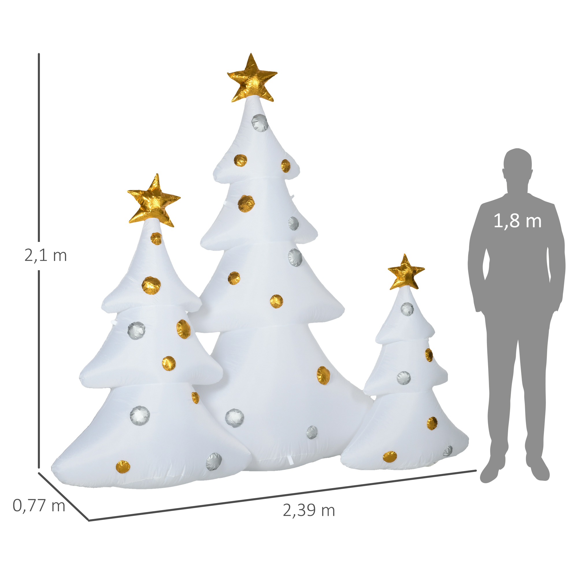 3er-Set aufblasbare Weihnachtsbäume, inkl. Gebläse, In- und Outdoor, inkl. Befestigungsmaterial, Weiß+Gold
