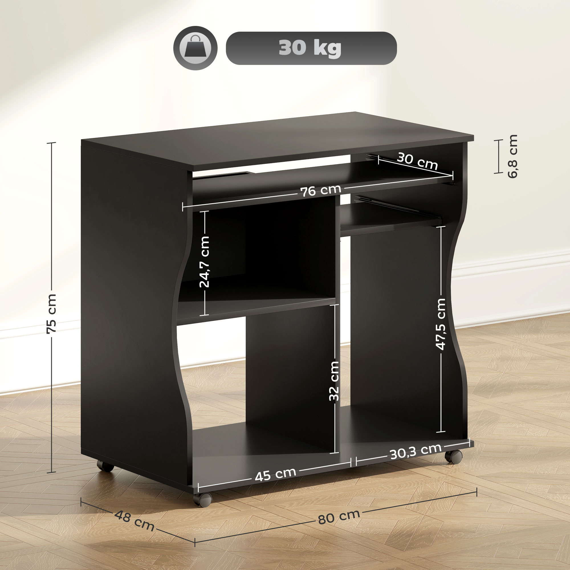 Computertisch mit Rollen, Schreibtisch mit Stauraum, 80 x 48 x 75 cm, Schwarz
