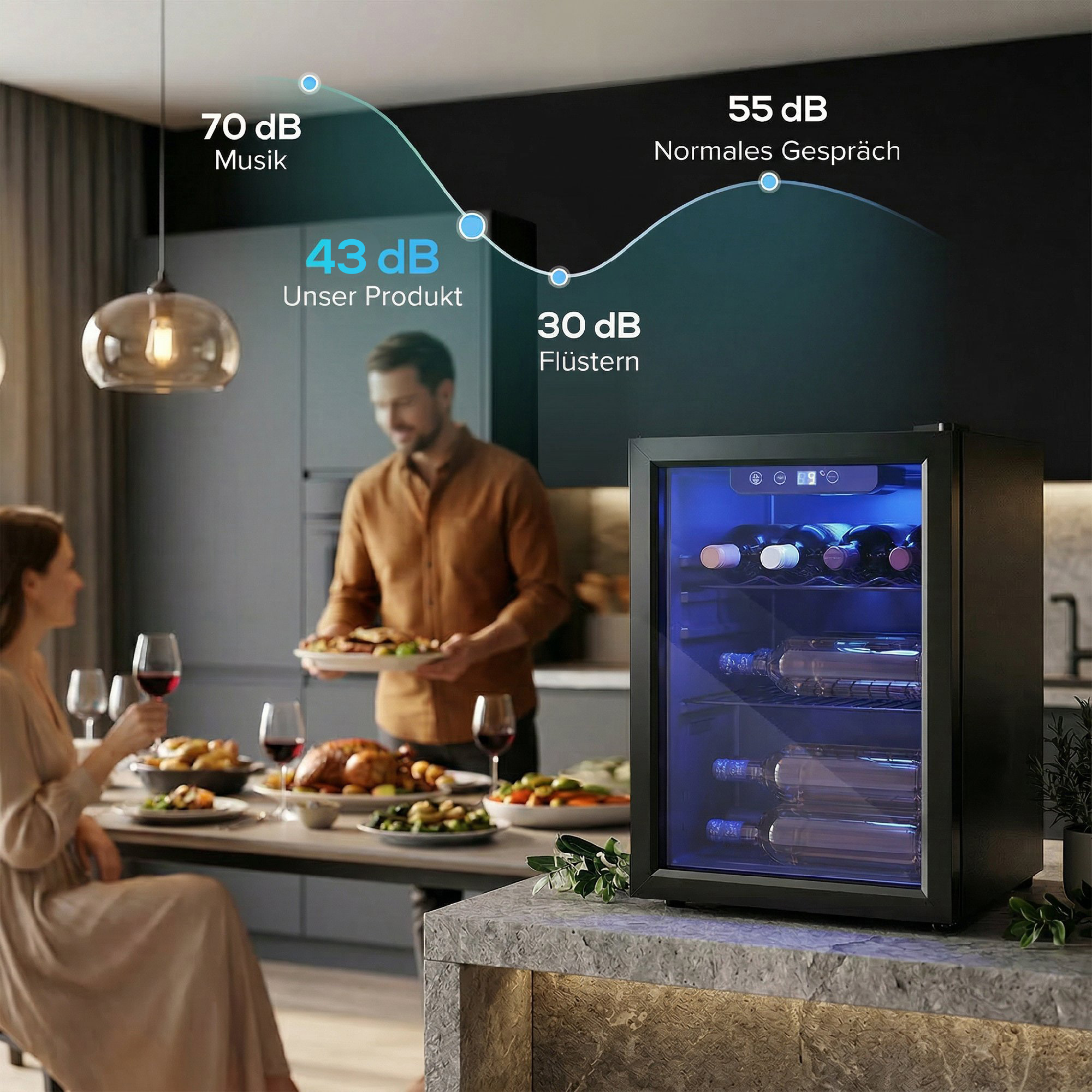 Weinkühler für 16 Flaschen, 48 L Kapazität, 4–16°C, Unterbau Kühlschrank für Getränke und Bier, mit Glastür, LED-Licht
