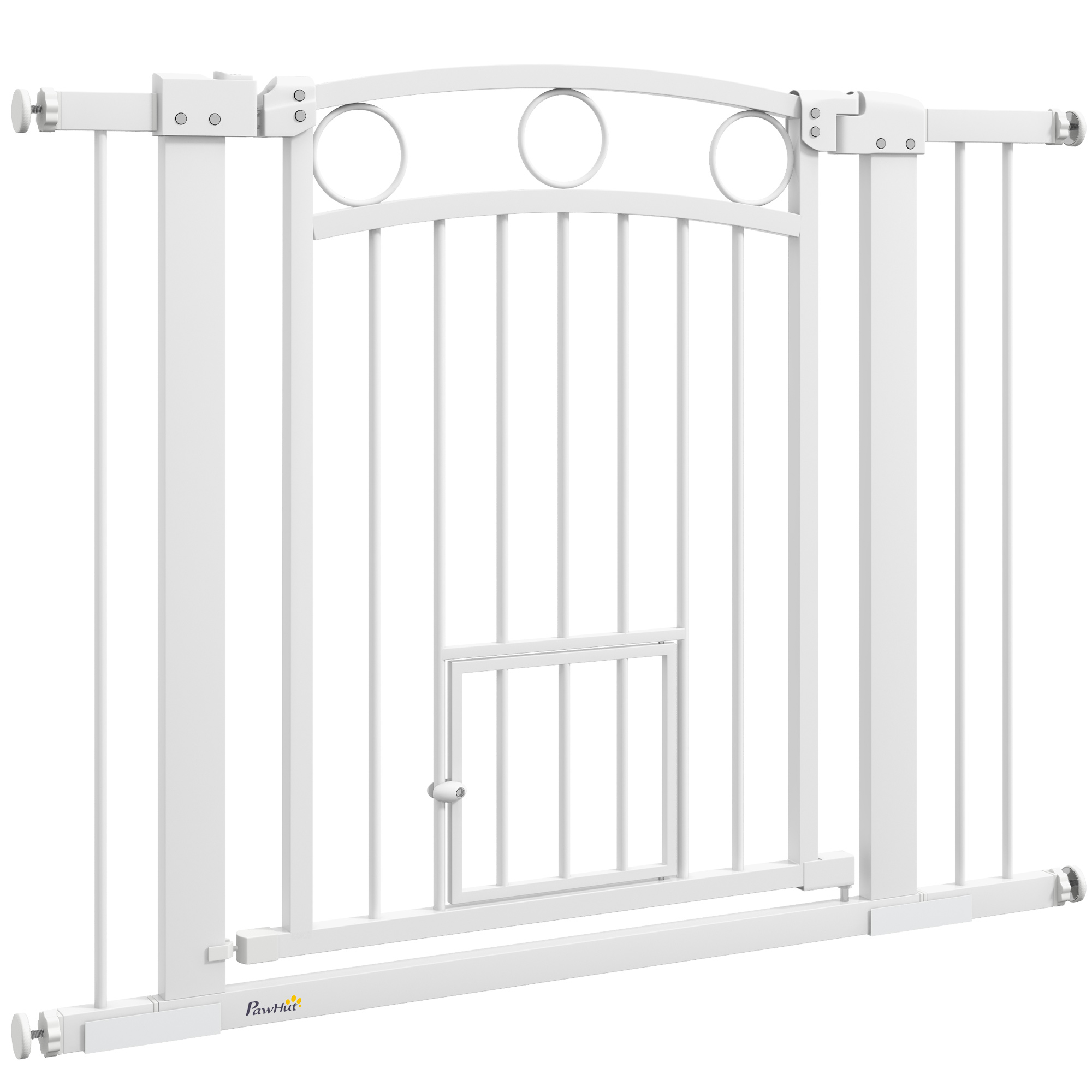 Haustiertor, 77 cm Treppengatter, verstellbare Breite 76-104 cm, mit Katzentür, für Treppen und Türöffnungen, Weiß