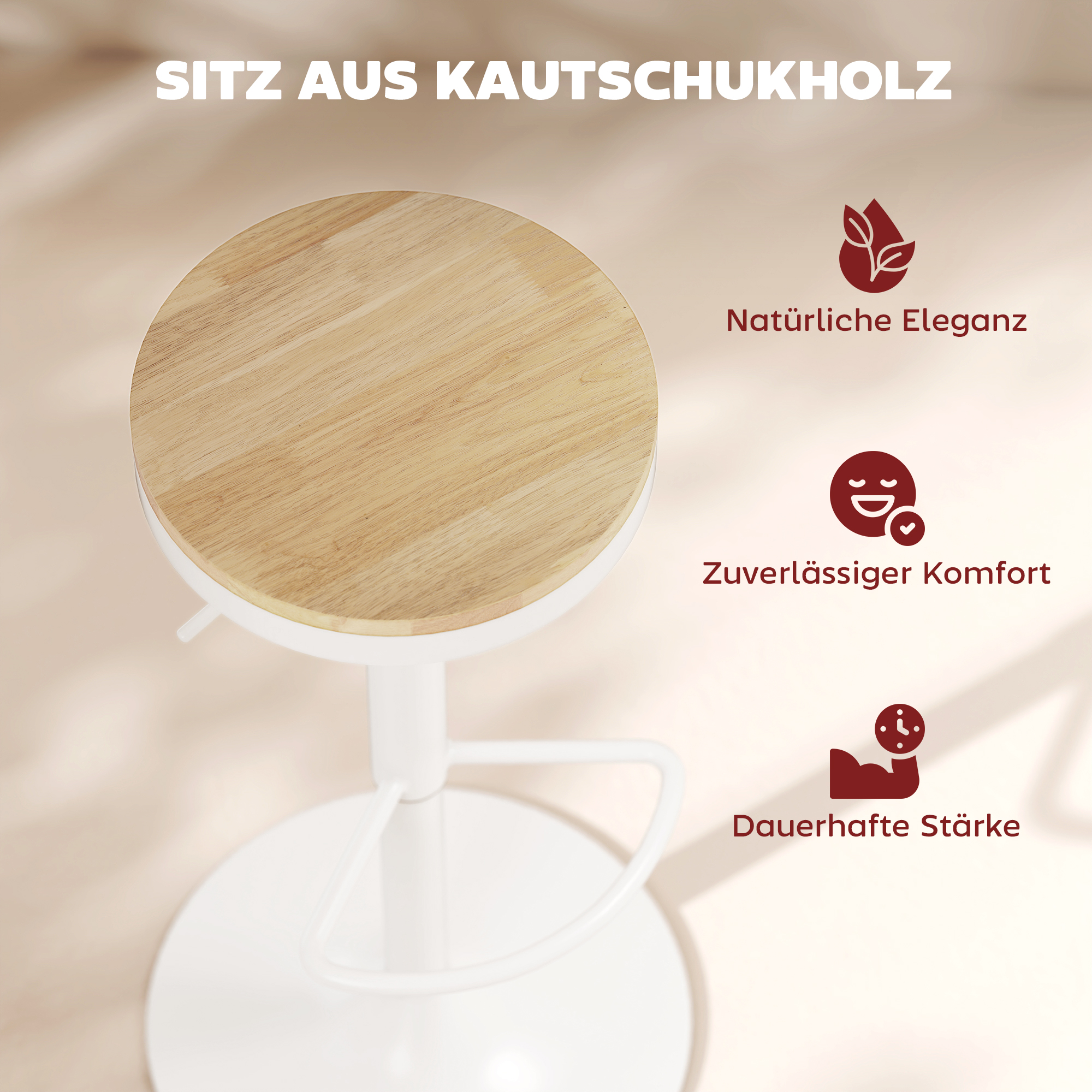 Barhocker 2er Set, Höhenverstellbar 360° Drehbar Barstuhl mit Stahlgestell Fußstütze 38,5x38,5x60-80 cm Naturholz+Weiß
