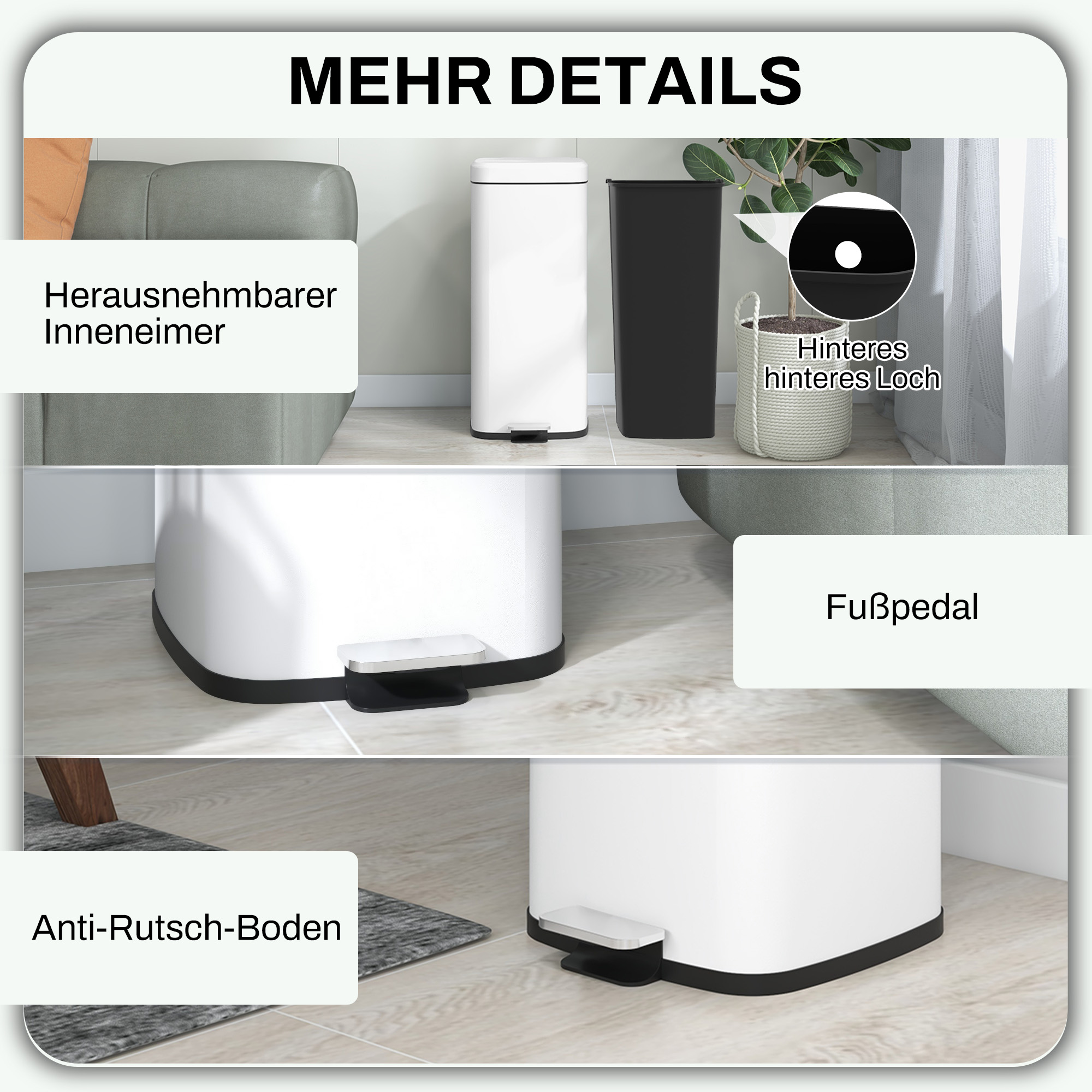 Mülleimer 30L, Soft-Close-Deckel, Fingerabdrucksicher, Fußpedal, Metall/Kunststoff, 28x35x63,5 cm, Weiß