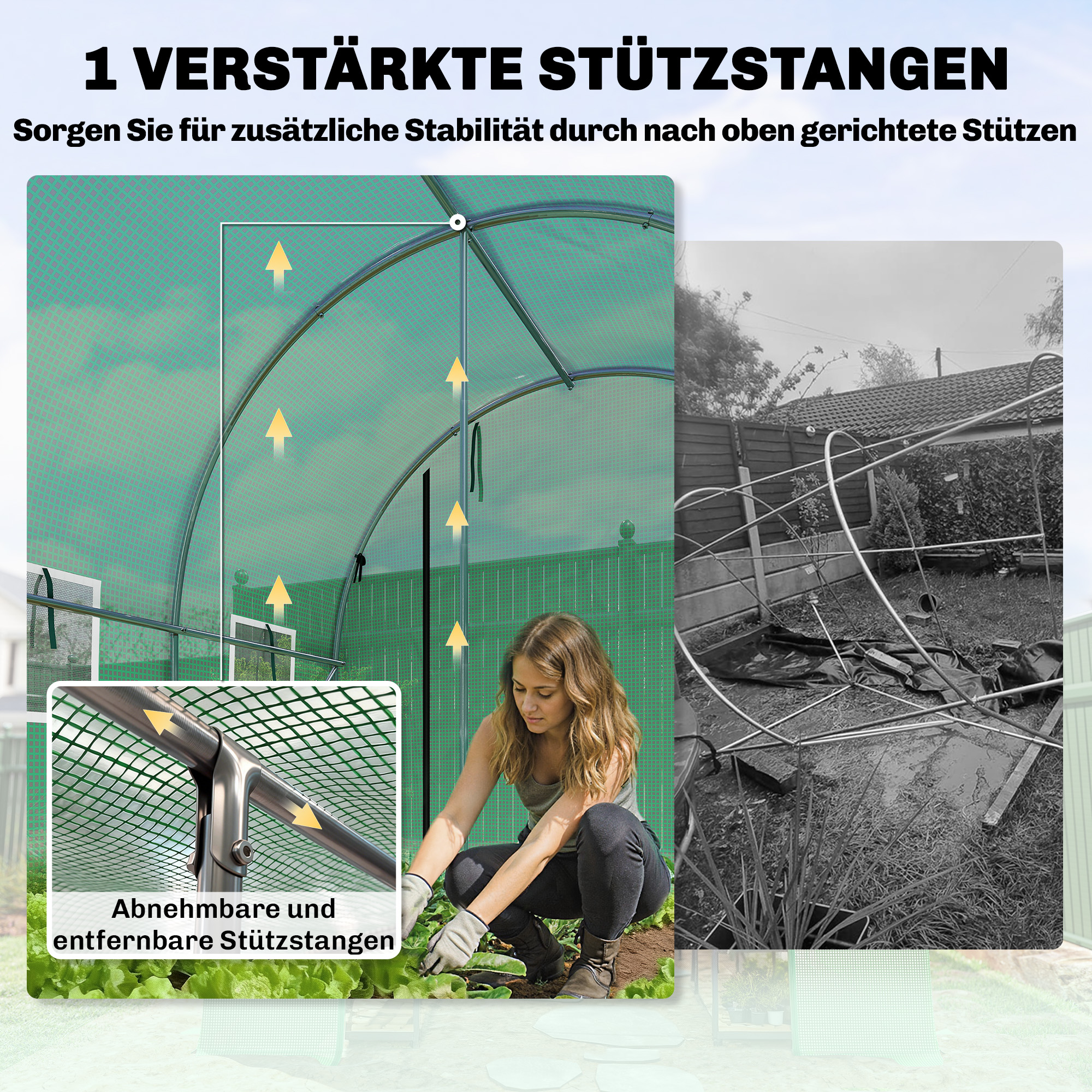 Gewächshaus 3 x 2 x 2 m Foliengewächshaus mit Rollbar 2 Reißverschlusstür & 6 Netzfenster Stützstangen Grün