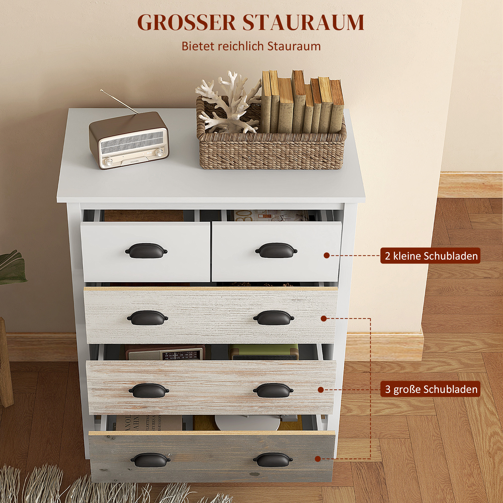 Sideboard, Kommode, 5 Schubladen, lackierte Oberfläche, MDF & Kiefernholz, 70 x 38 x 85 cm, Weiß