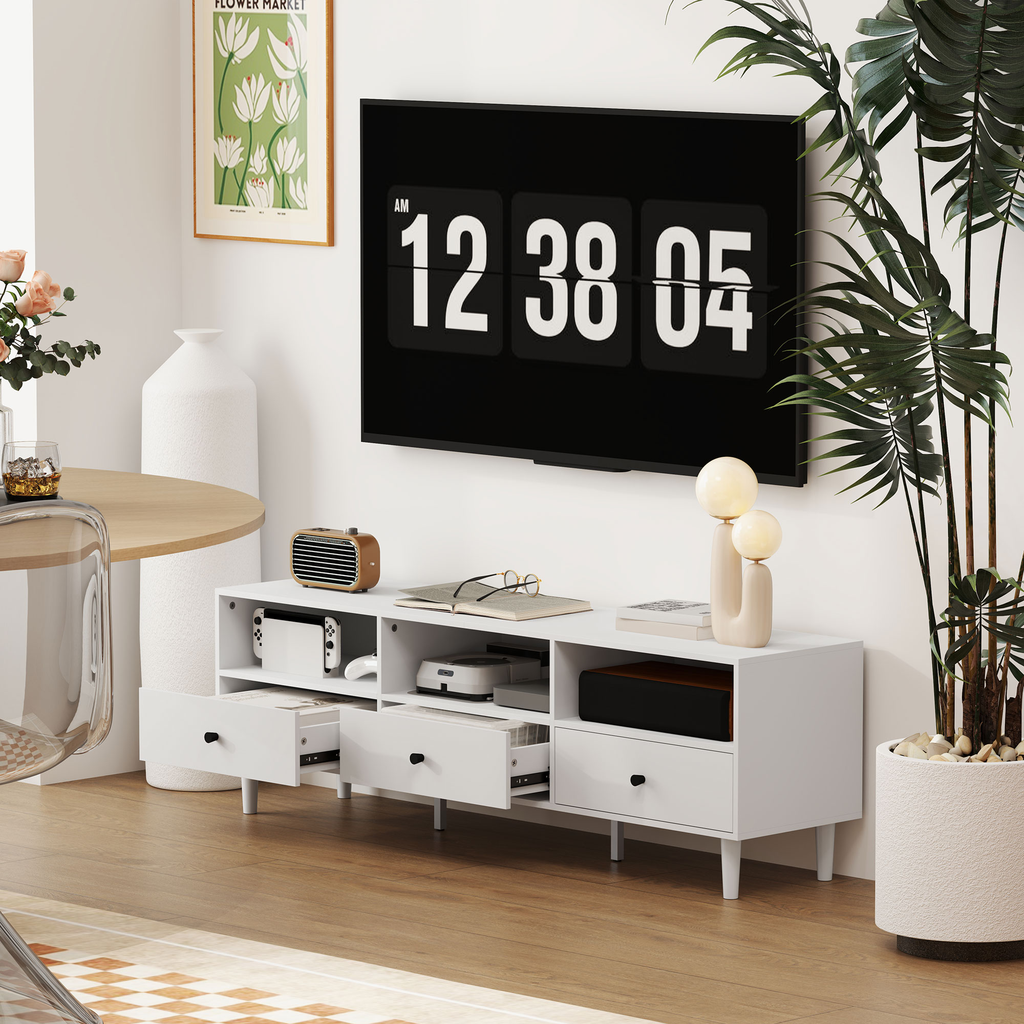 TV-Kommode, TV-Ständer für 75-Zoll-Bildschirme, 3 offene Fächer, 3 Schubladen, Spanplatte, Weiß
