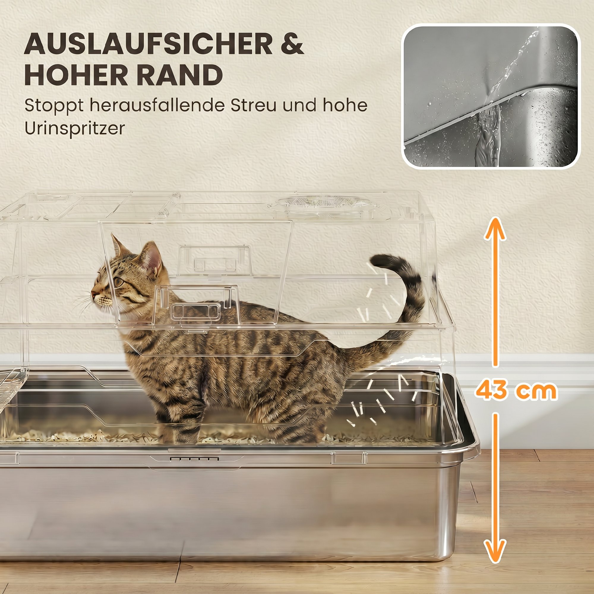 Katzenklo XXL Edelstahl Katzentoilette 130L mit 180° Klappdeckel Hohen Seitenwänden Schaufel Trittstufe 70x50x43cm Grau