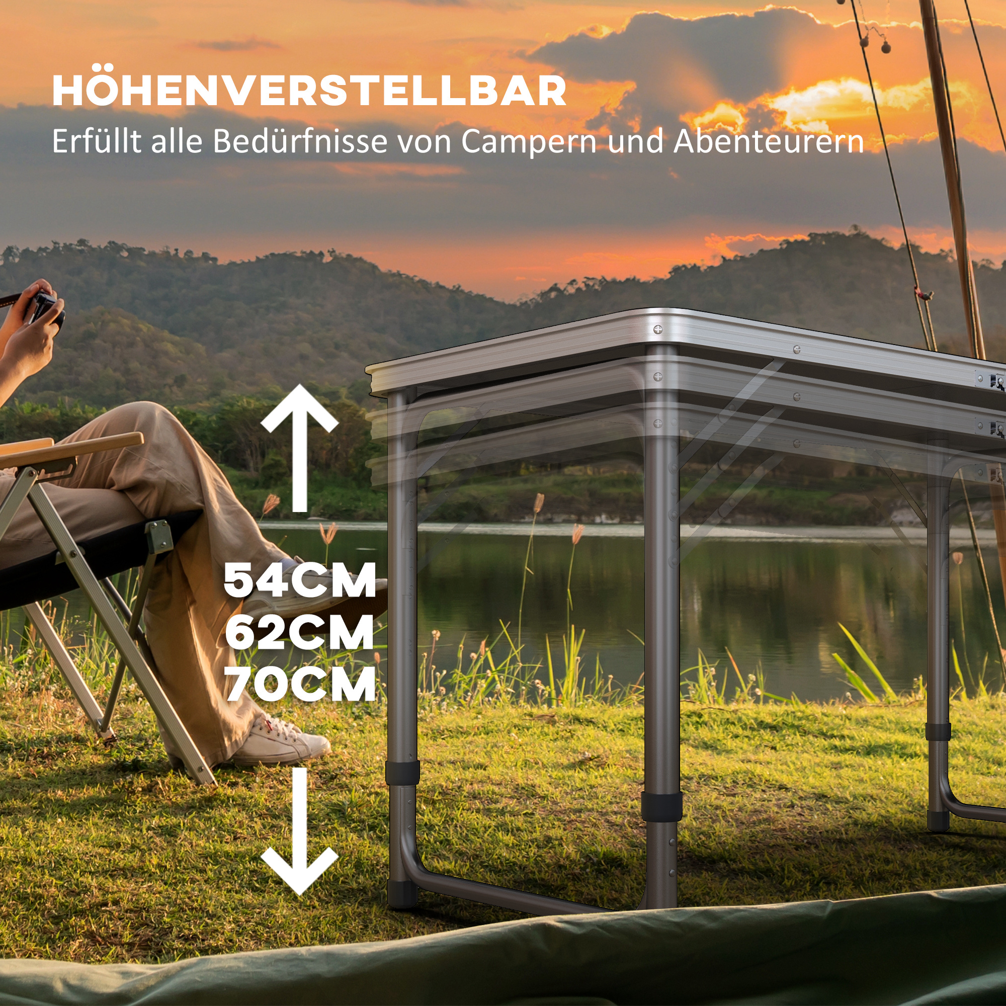 Campingtisch, klappbar, leicht, höhenverstellbar, Aluminiumrahmen, 240 x 60 x 54/62/70 cm, Schwarz