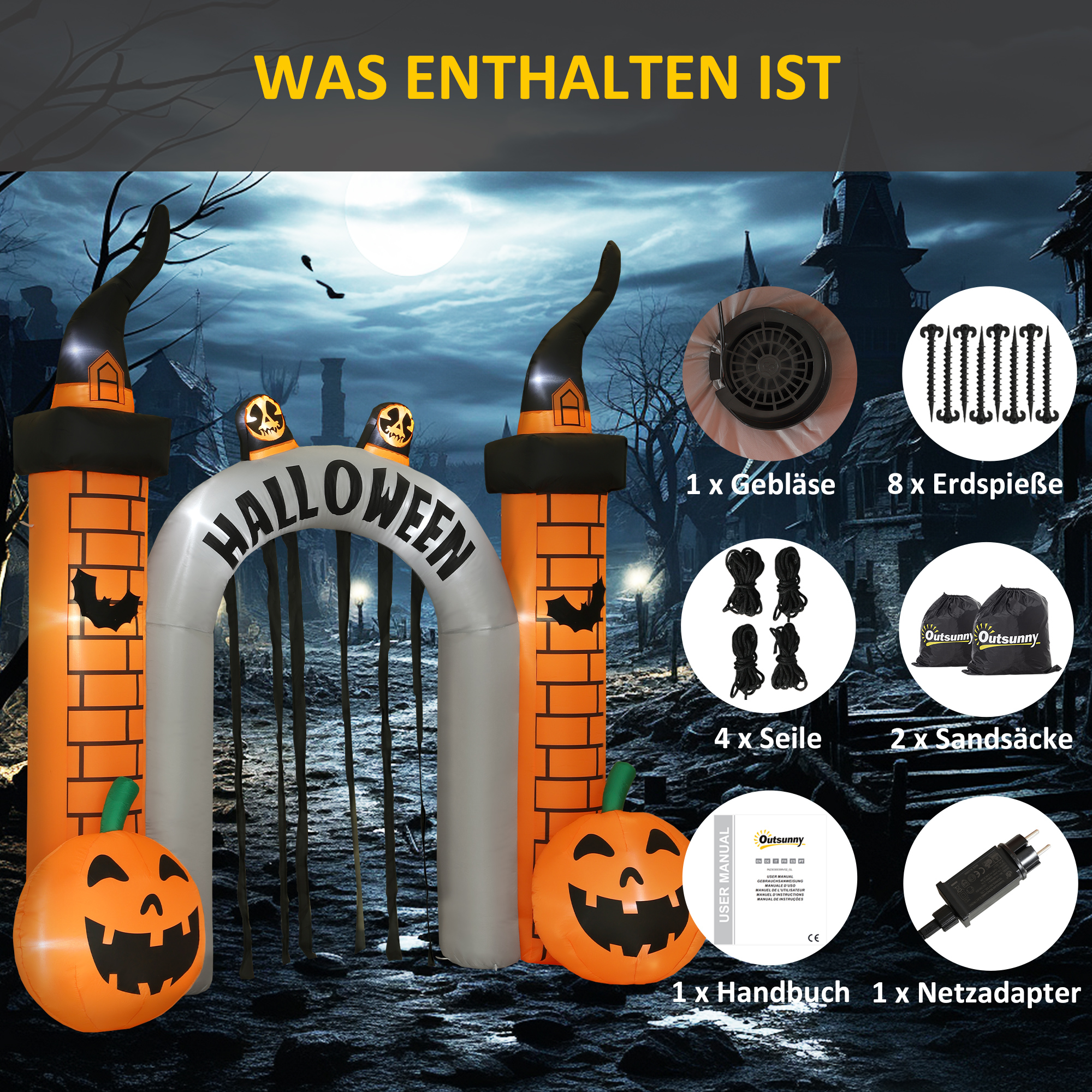 Aufblasbarer Halloween-Torbogen, Kürbis-Design, LEDs, Heringe, Polyester Aufblasbarer Halloween-Torbogen, Kürbis-Design, LEDs, Heringe, Polyester
