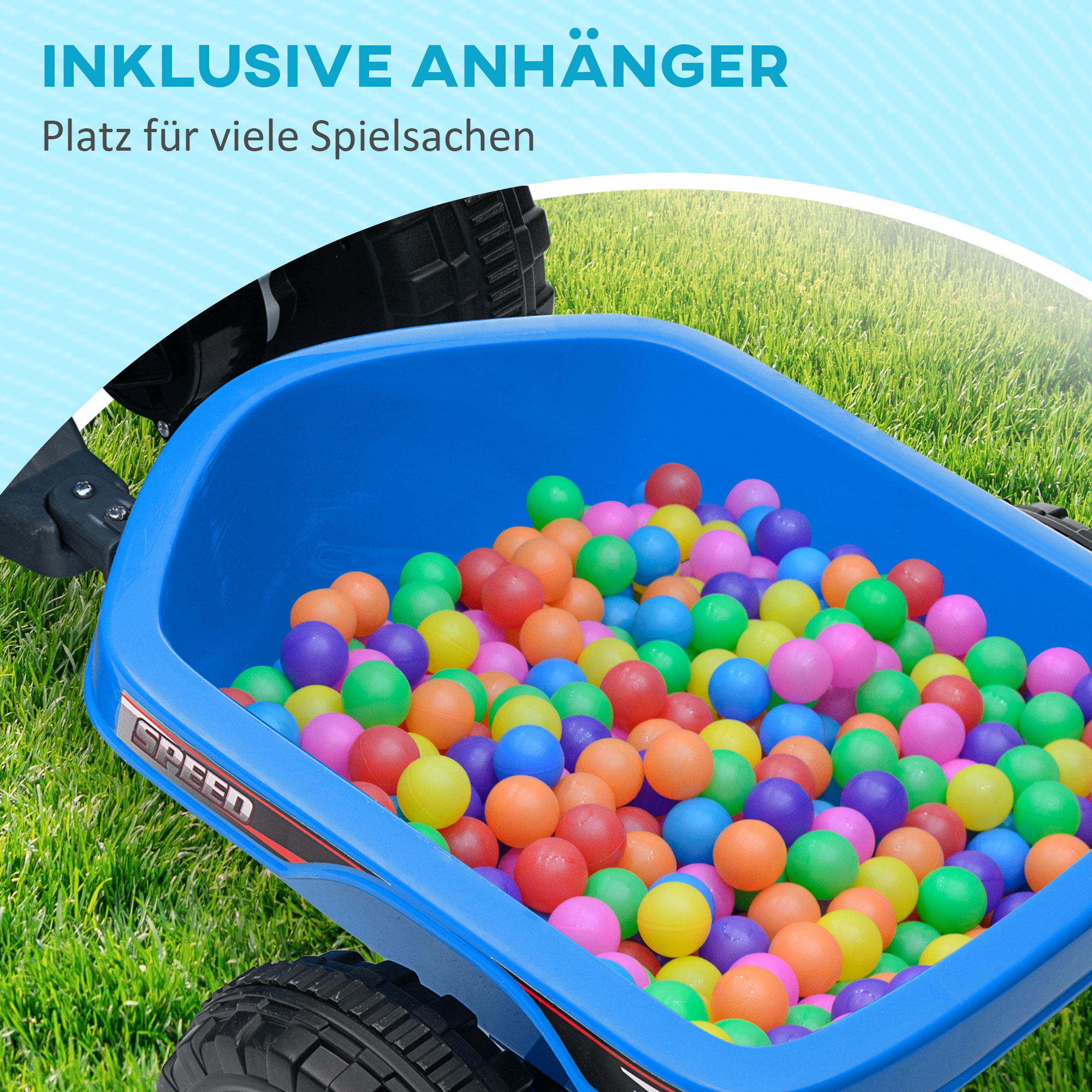 Kinderquad, aufladbar, 2,5 km/h, mit Anhänger, 50 Min, Fahrzeit, für Kinder 1,5 bis 3 Jahre, Blau