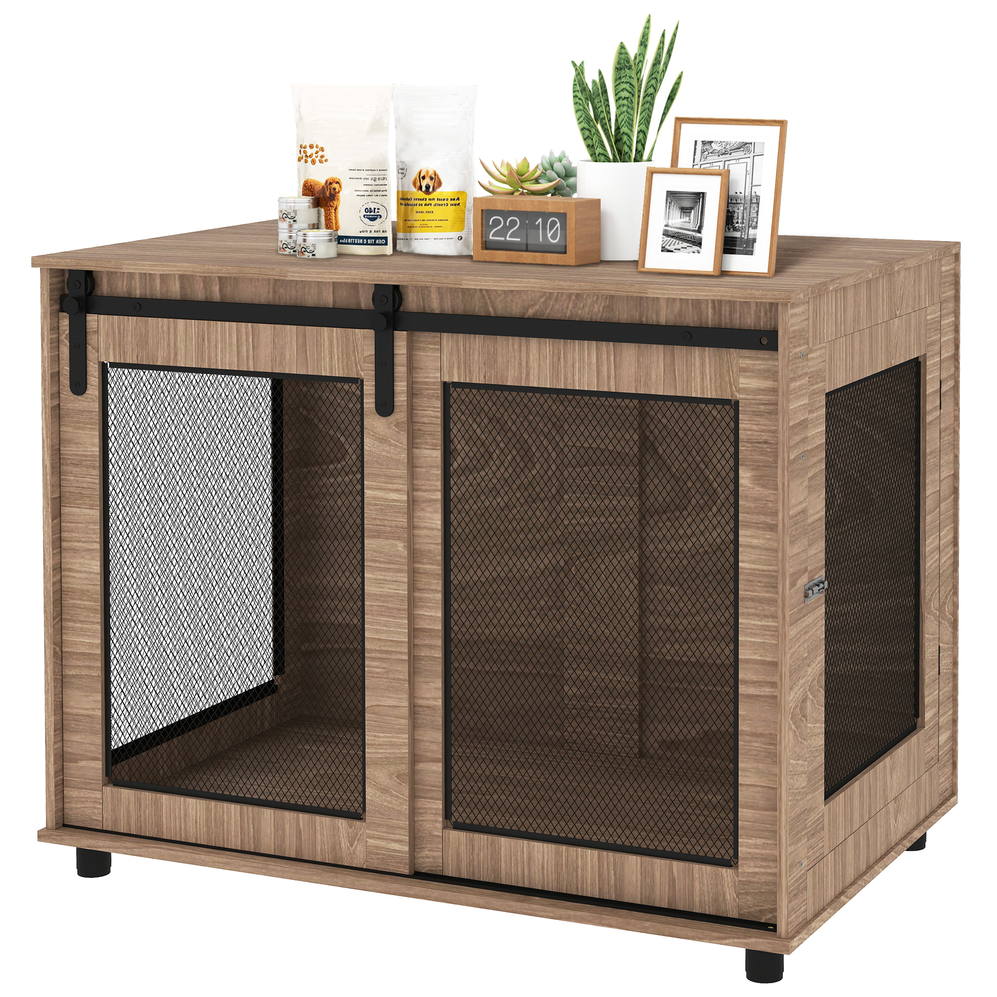 Hundebox, Transportbox für Hunde, Rückzugsbox für Haustiere, verschließbare Türen, 98 x 60 x 78 cm, Hellbraun