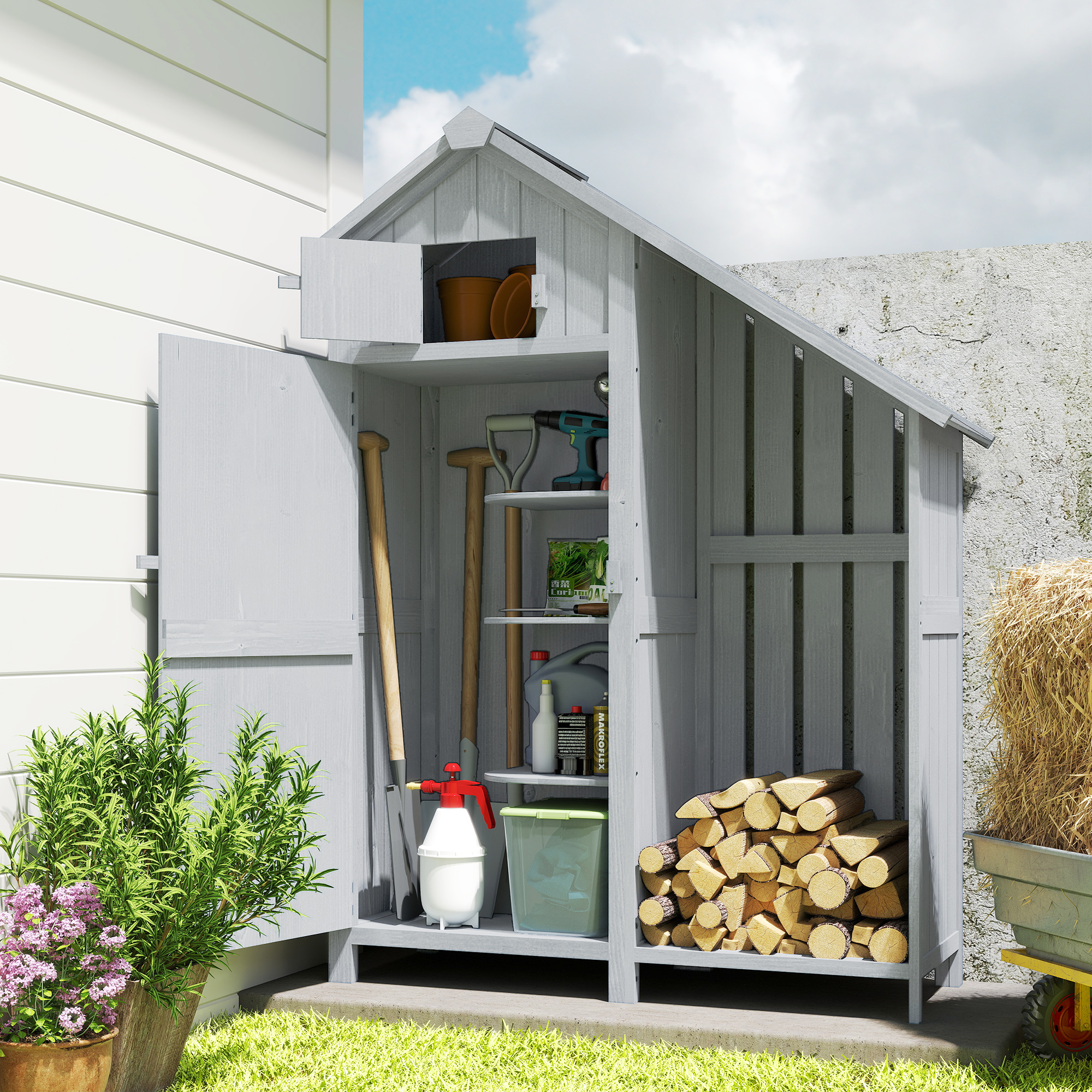 Gartenschrank Holz Outdoor wetterfest Geräteschuppen mit Asphaltdach Einlegeboden 129 x 51,5 x 180 cm Grau
