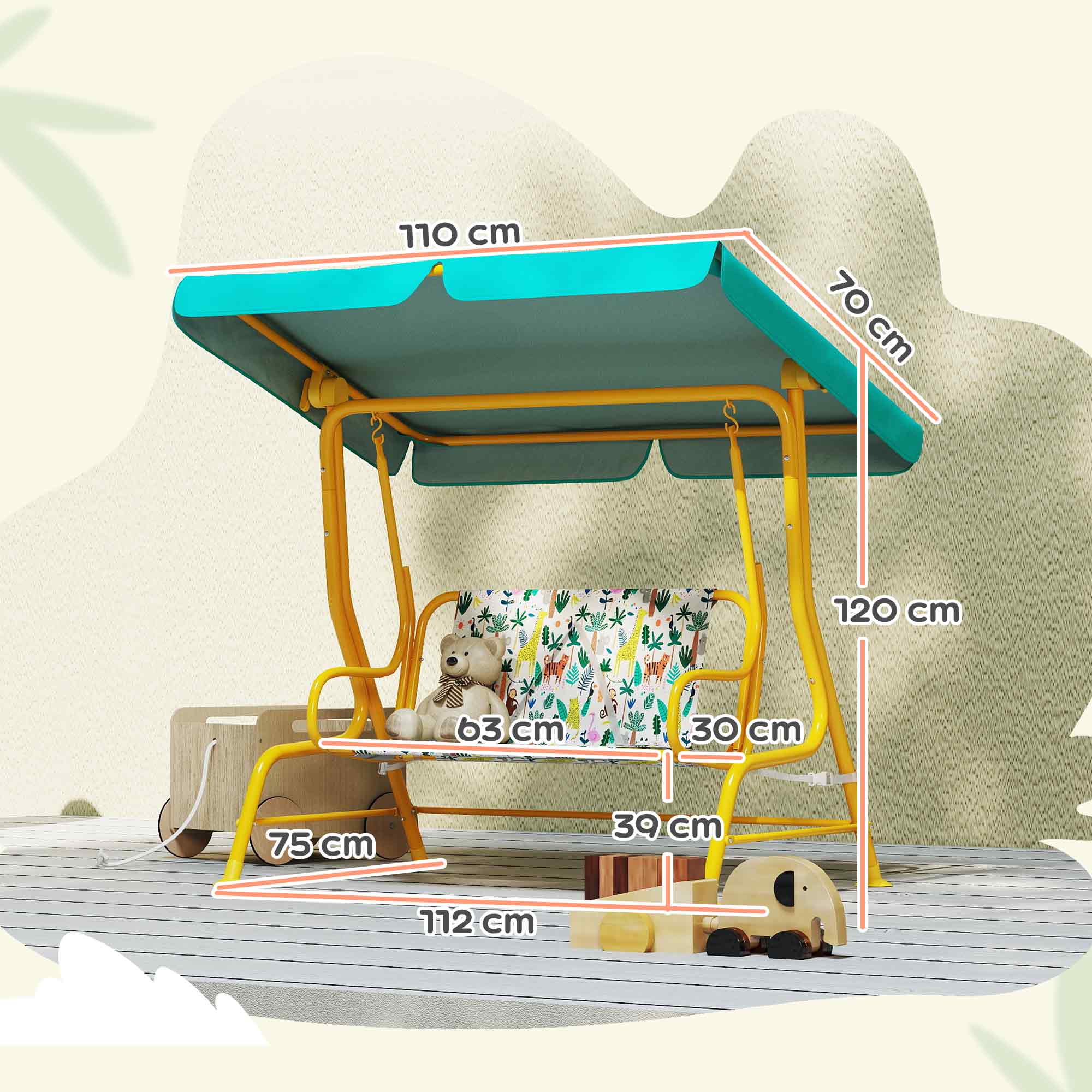 2-Sitzer Kinder Hollywoodschaukel mit verstellbar Sonnendach Sicherheitsgurt für 3-6 Jahre bis 60 kg 112x75x120cm Grün