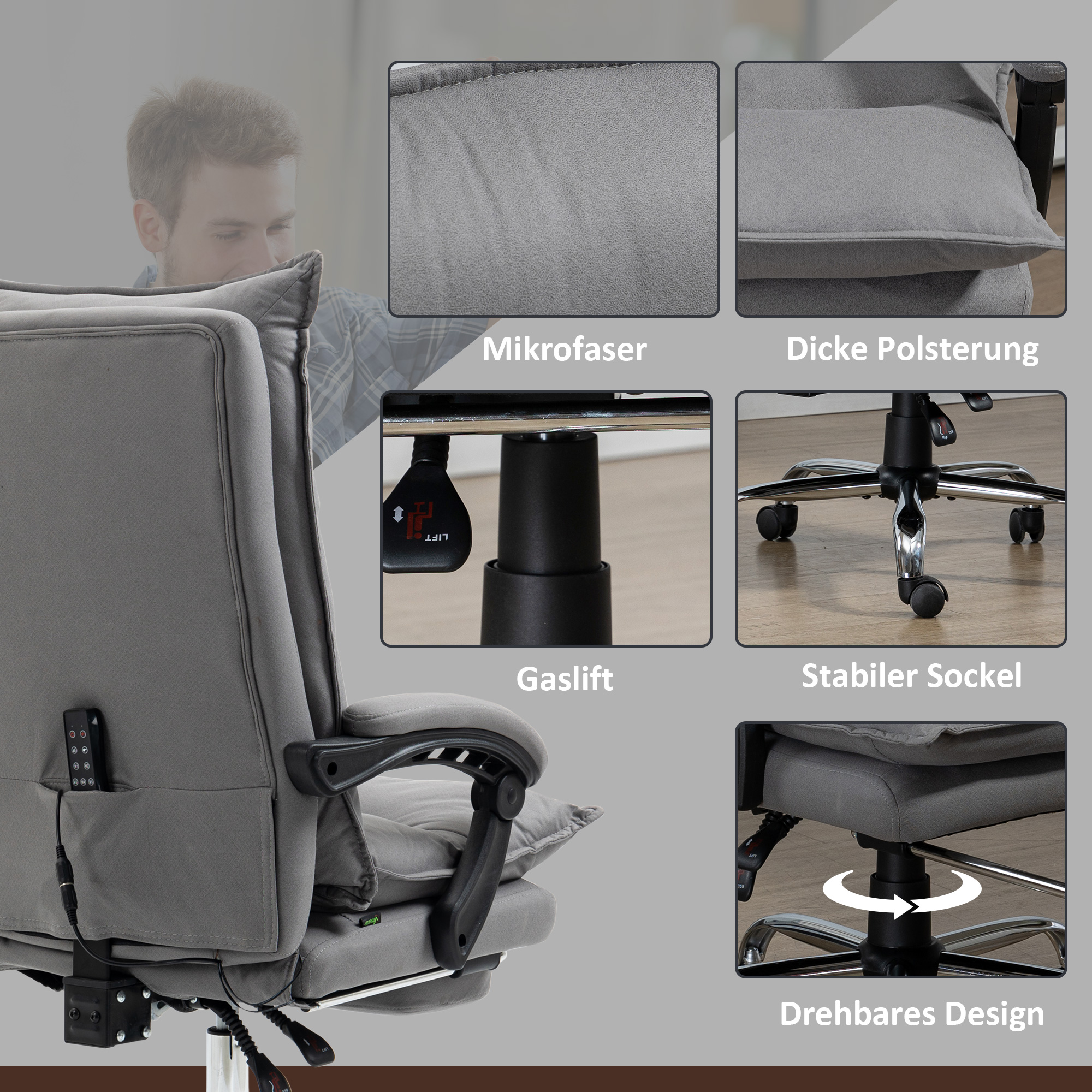 Bürostuhl mit Massagefunktion, Heizfunktion, Fernbedienung, ausfahrbare Fußstütze, neigbar, grau