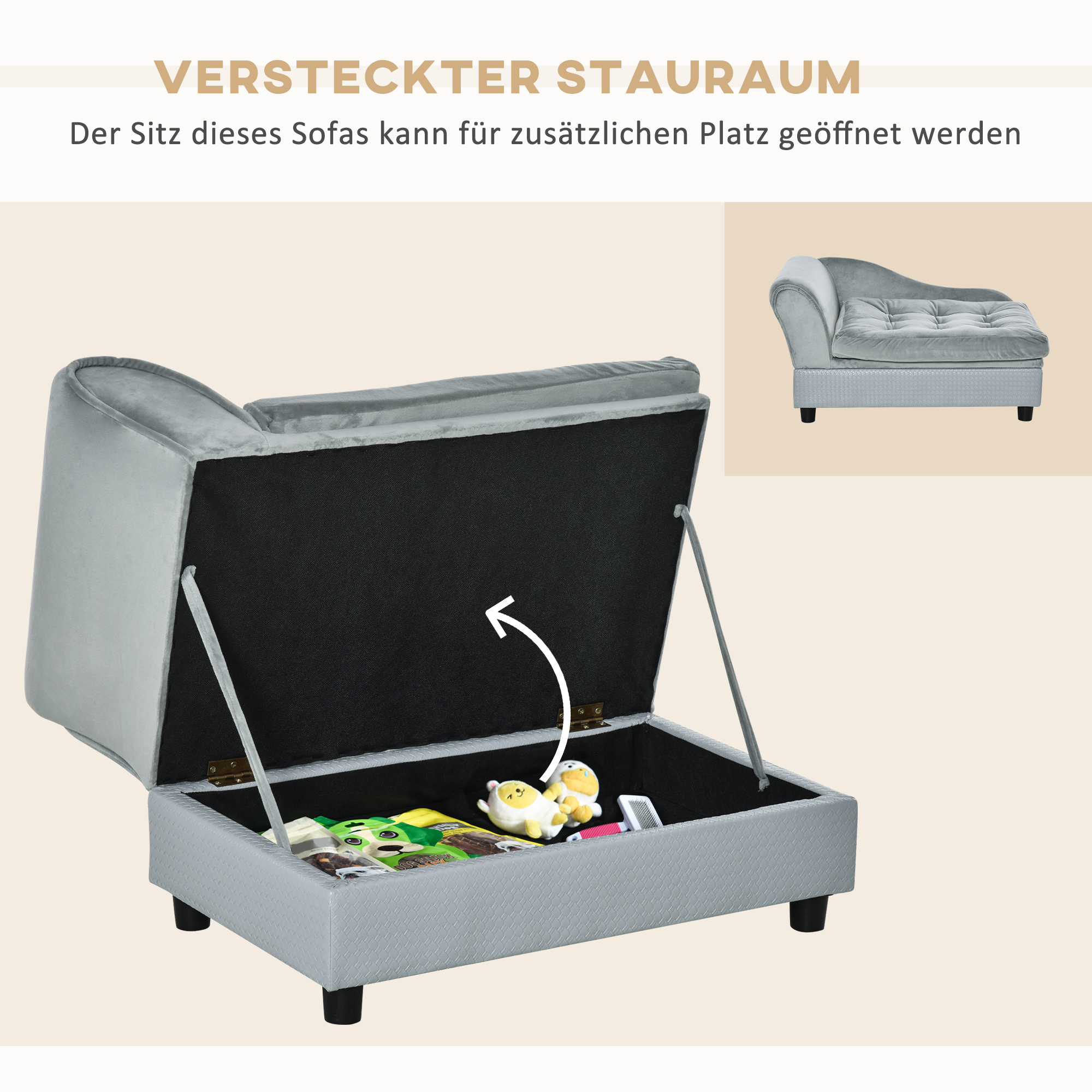 Haustiersofa mit Stauraum, weichem Kissen, bis 15 kg Tragkraft, Plüschbezug, Hartholzrahmen, Hellgrau