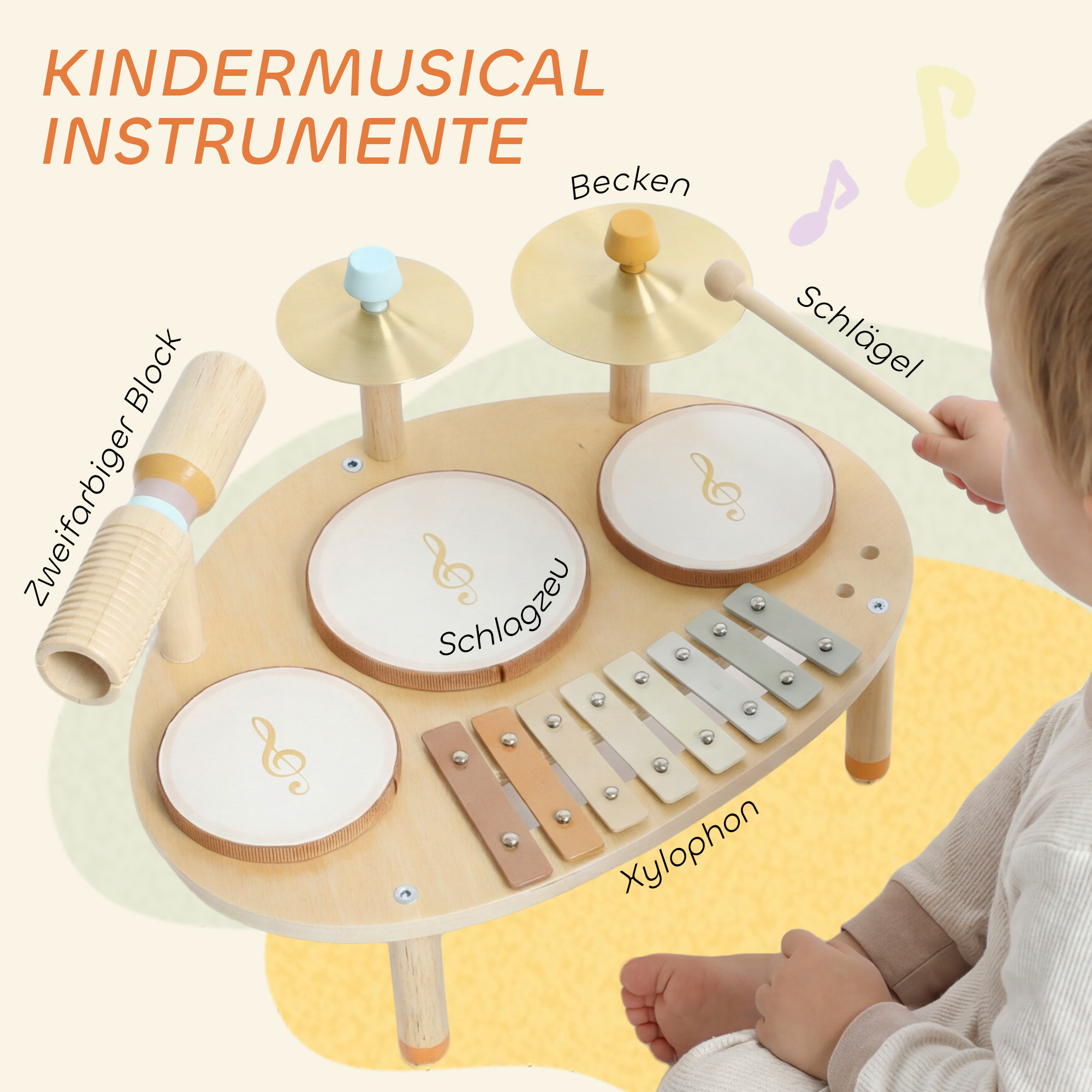 Kinder Schlagzeug 4-in-1 Montessori Musikinstrumente Set mit Trommeln Xylophon Schlagwerk für Kinder ab 2 Jahre