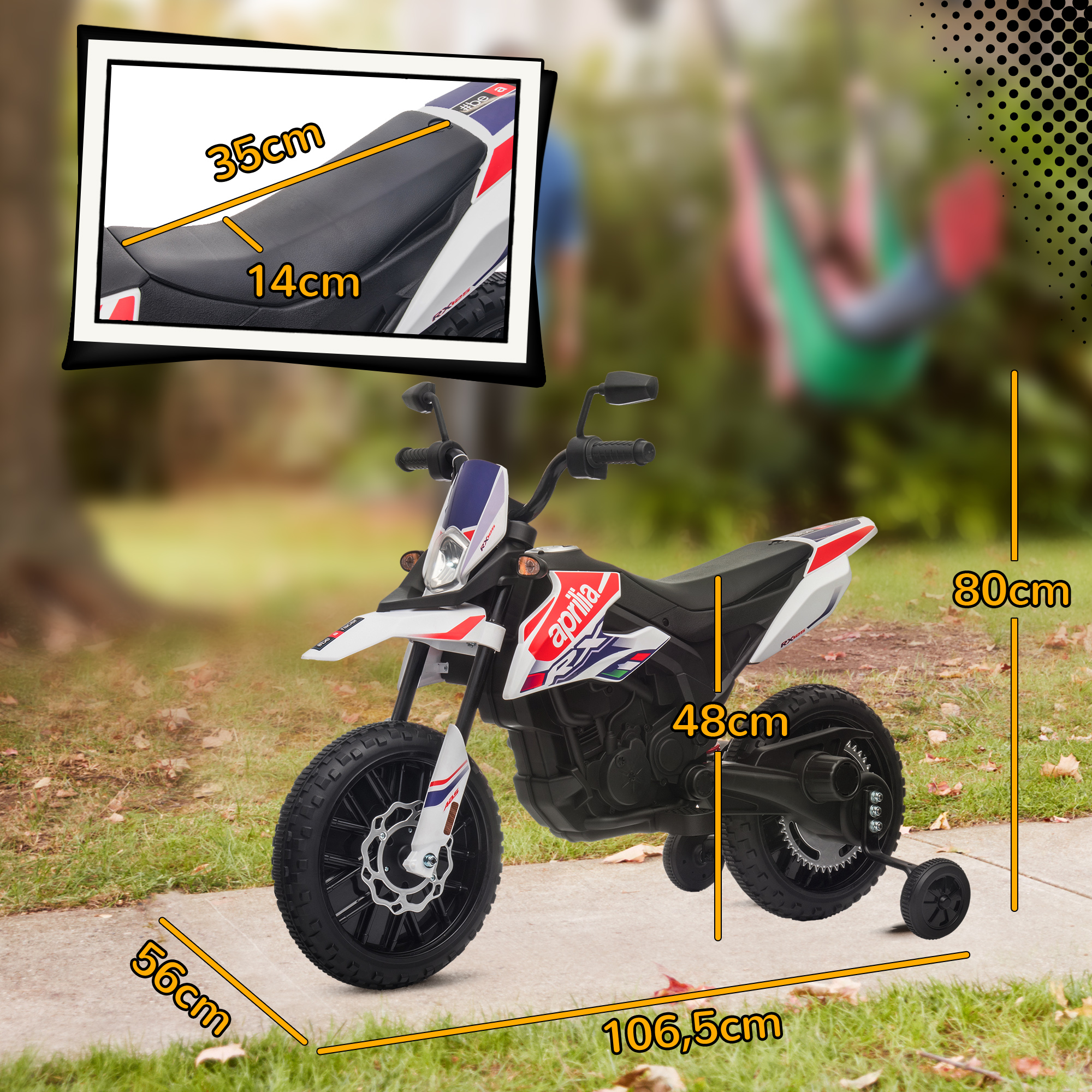 12V Kinder-Motorrad mit Stützrädern, LED-Lichtern, Musik, USB, Elektro-Motorrad für Jungen und Mädchen, Weiß