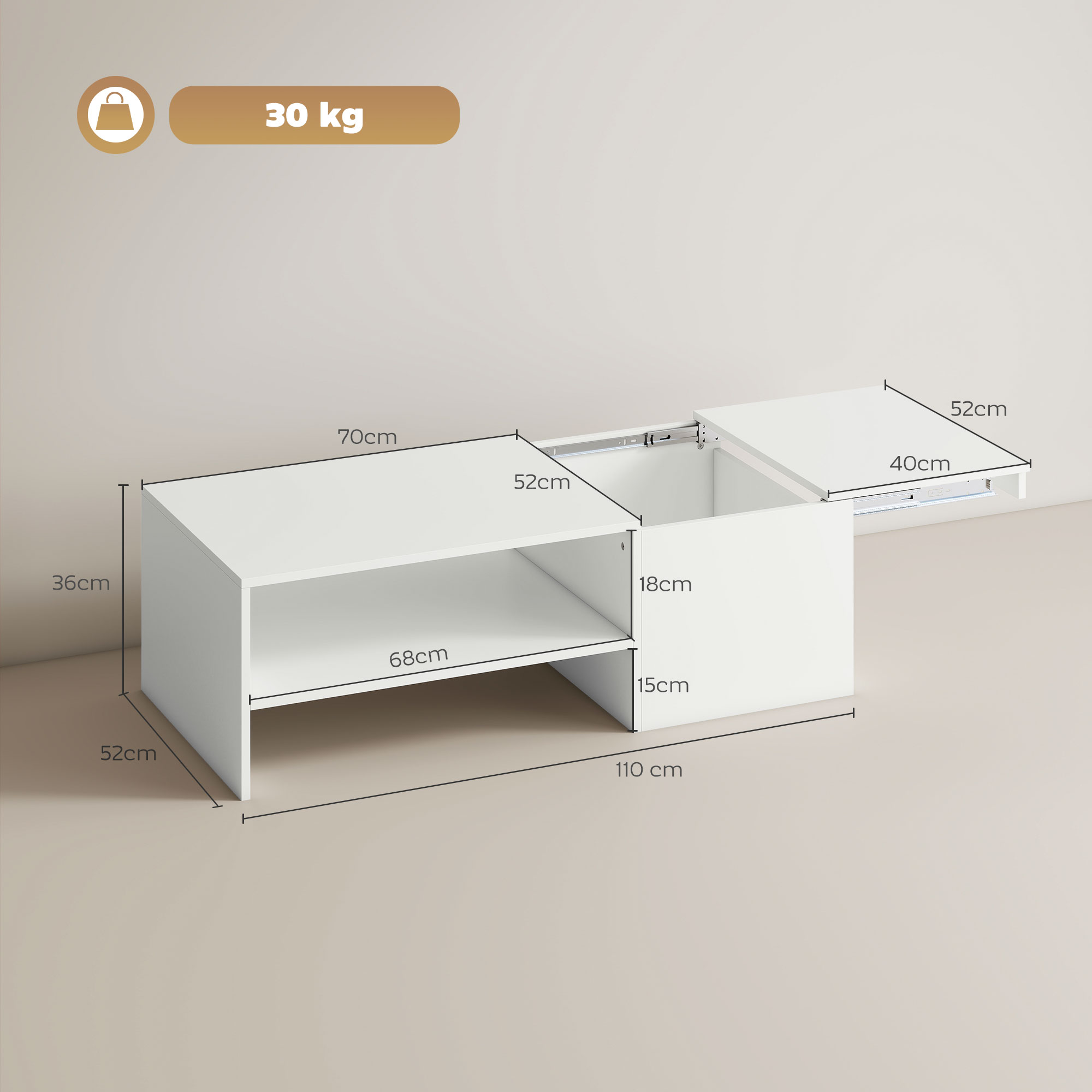 Verstellbarer Couchtisch, Metallschienen, Spanplatte, Fußpads, Weiß