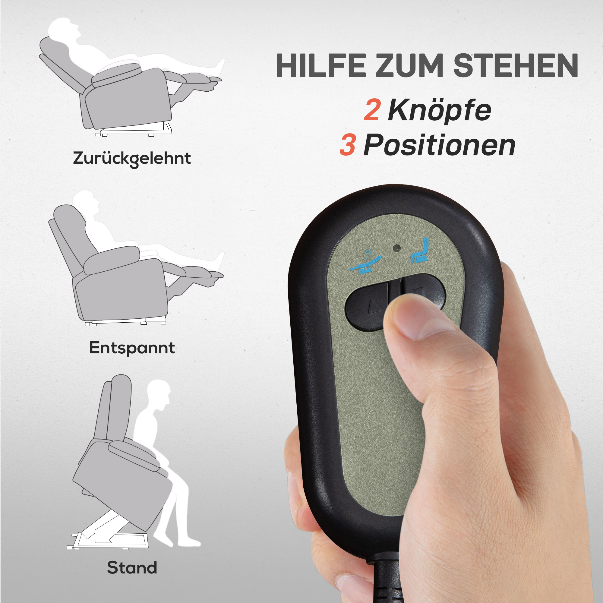 Elektrischer Aufstehsessel, Sessel mit Aufstehhilfe, Relaxsessel mit Schlaffunktion, Leinenoptik, 83 x 89 x 102 cm, Grau