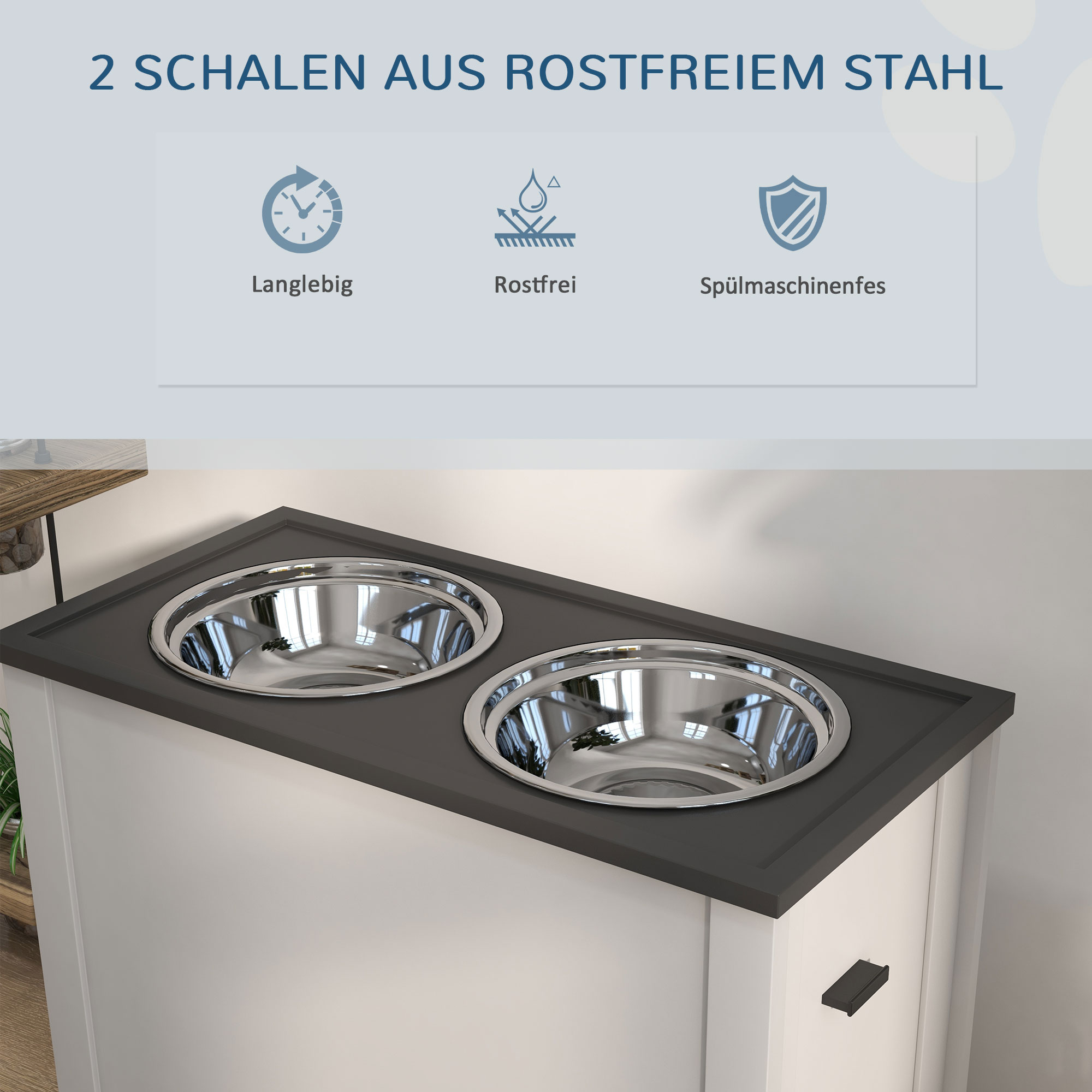 Futterstation erhöhte Fressnäpfe 1 Stauraum 2 Edelstahl-Futternäpfe, 60 x 30 x 42cm, Weiß + Grau