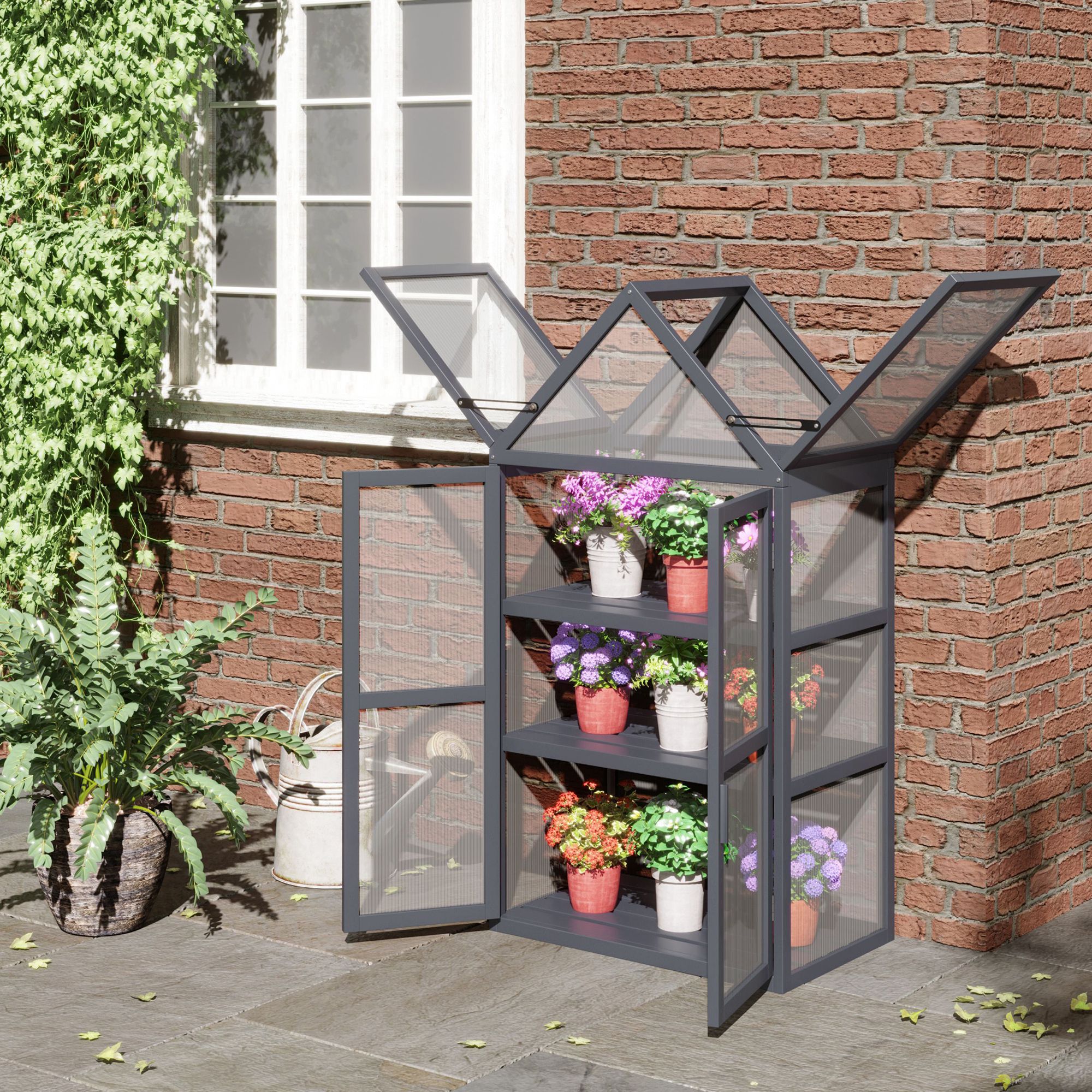 Frühbeet Mini Gewächshaus 3 Ebenen Treibhaus Pflanzenbeet mit aufklappbarem Dach Doppeltüren aus Holz Polycarbonat wetterfest Natur 70,5 x 42 x 132 cm