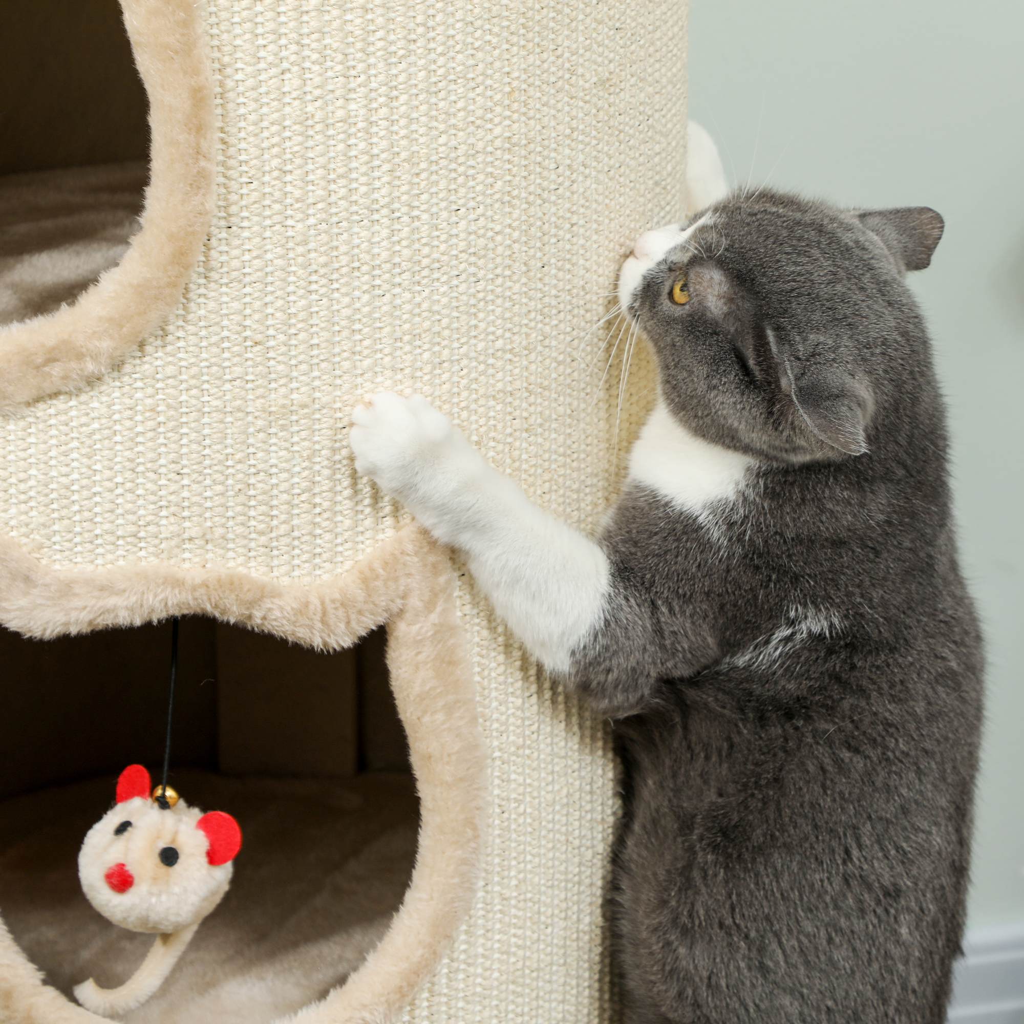 Katzenkratzfass, 96 cm, 4-Ebenen-Katzenturm mit waschbarem Bett, 3 Schlafhöhlen, Hängespielzeug, für mehrere Katzen Grau