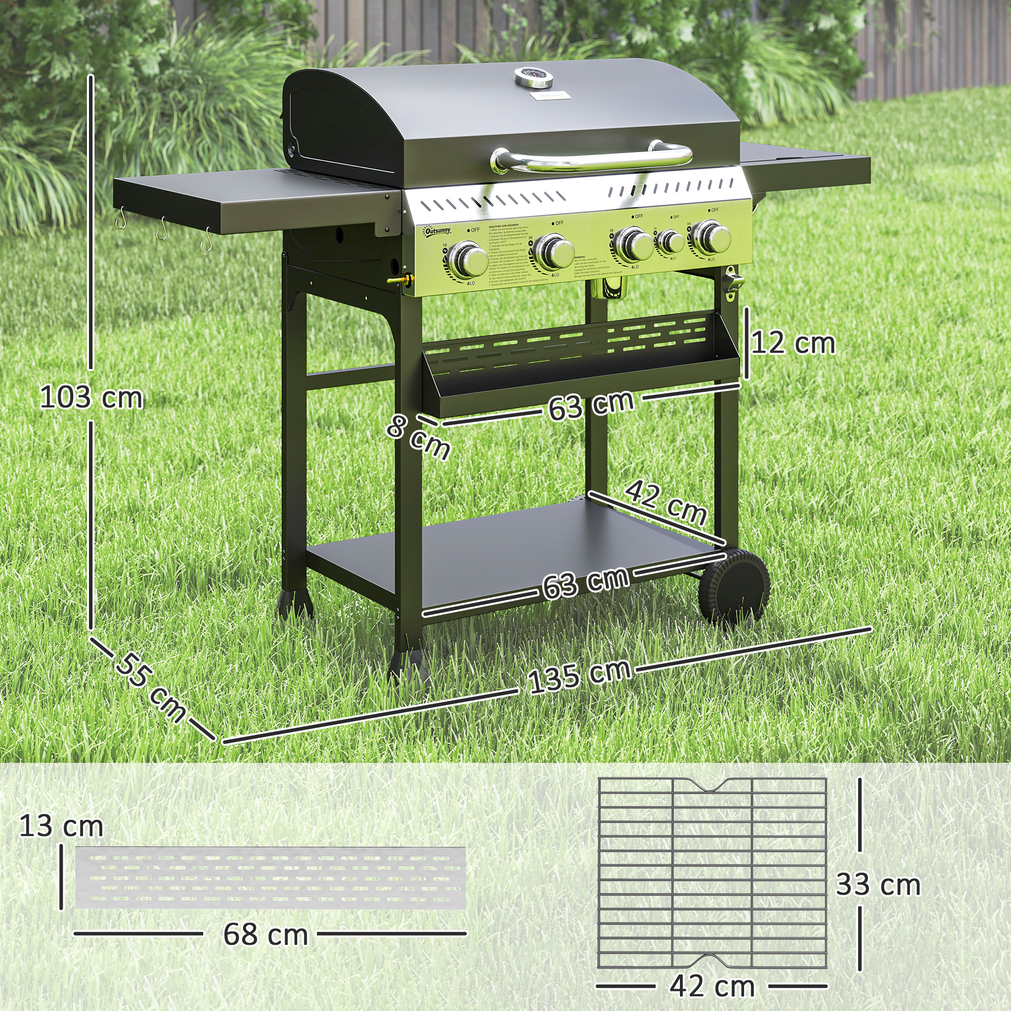 Gasgrill, BBQ-Grill, 4 Hauptbrenner, 1 Seitenkocher, 1 Warmhalteplatte; 135 x 55 x 103 cm, Schwarz