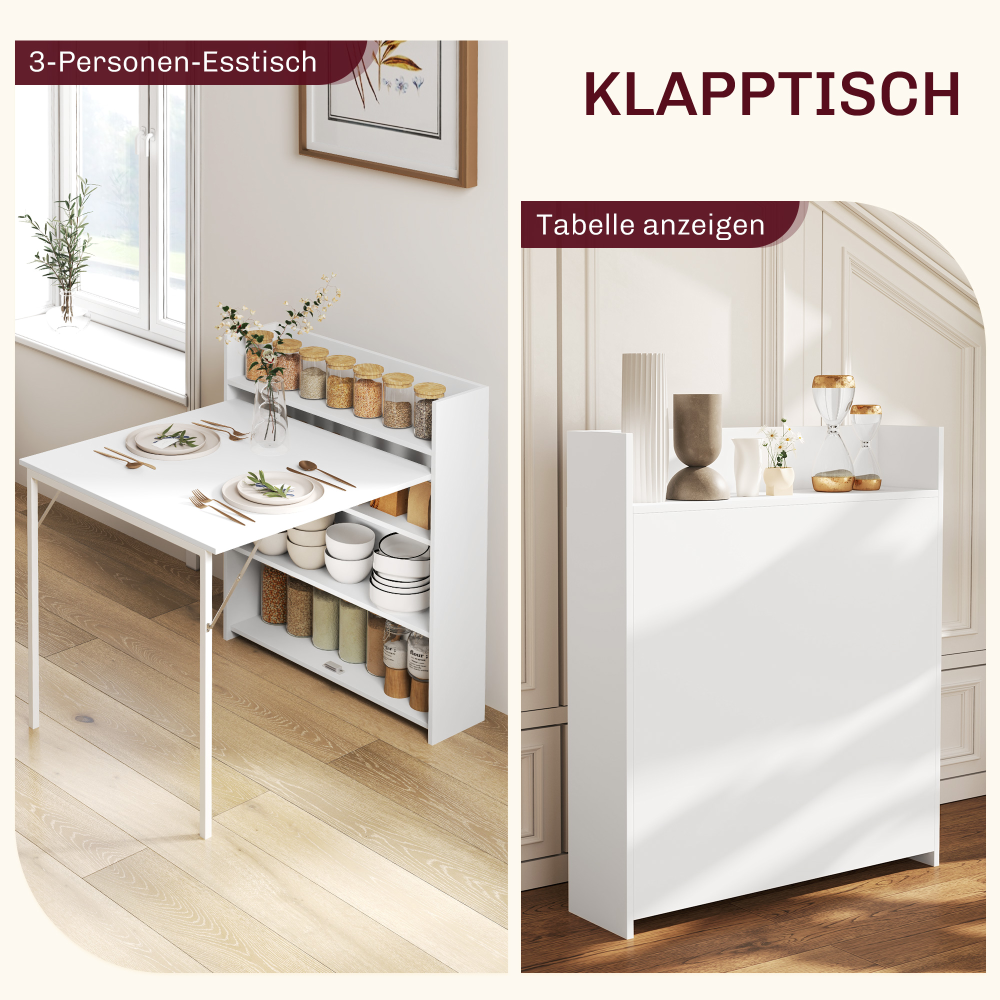 klappbarer Esstisch, für kleine Räume geeignet, mit 4 diskreten Regalen, faltbarer Küchentisch, Anti-Kipp-Funktion, Weiß