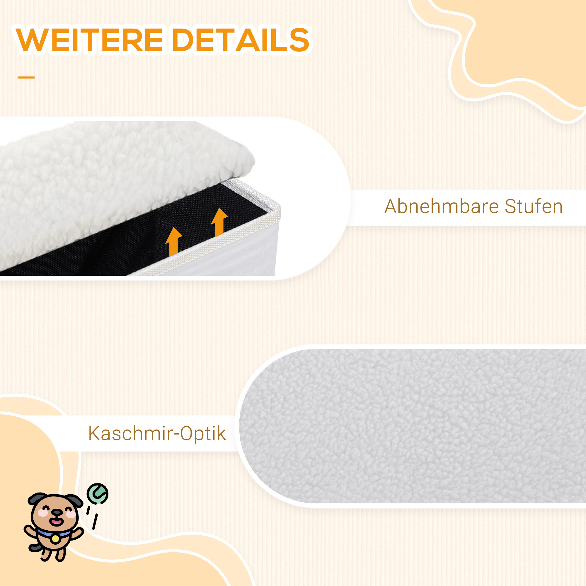 Hundetreppe 3 Stufen 48 cm Hoch Haustiertreppe für kleine und alte Tiere klappbar Katzentreppe Hunderampe Einstiegshilfe für Bett, Sofa, Couch und Auto Weiß