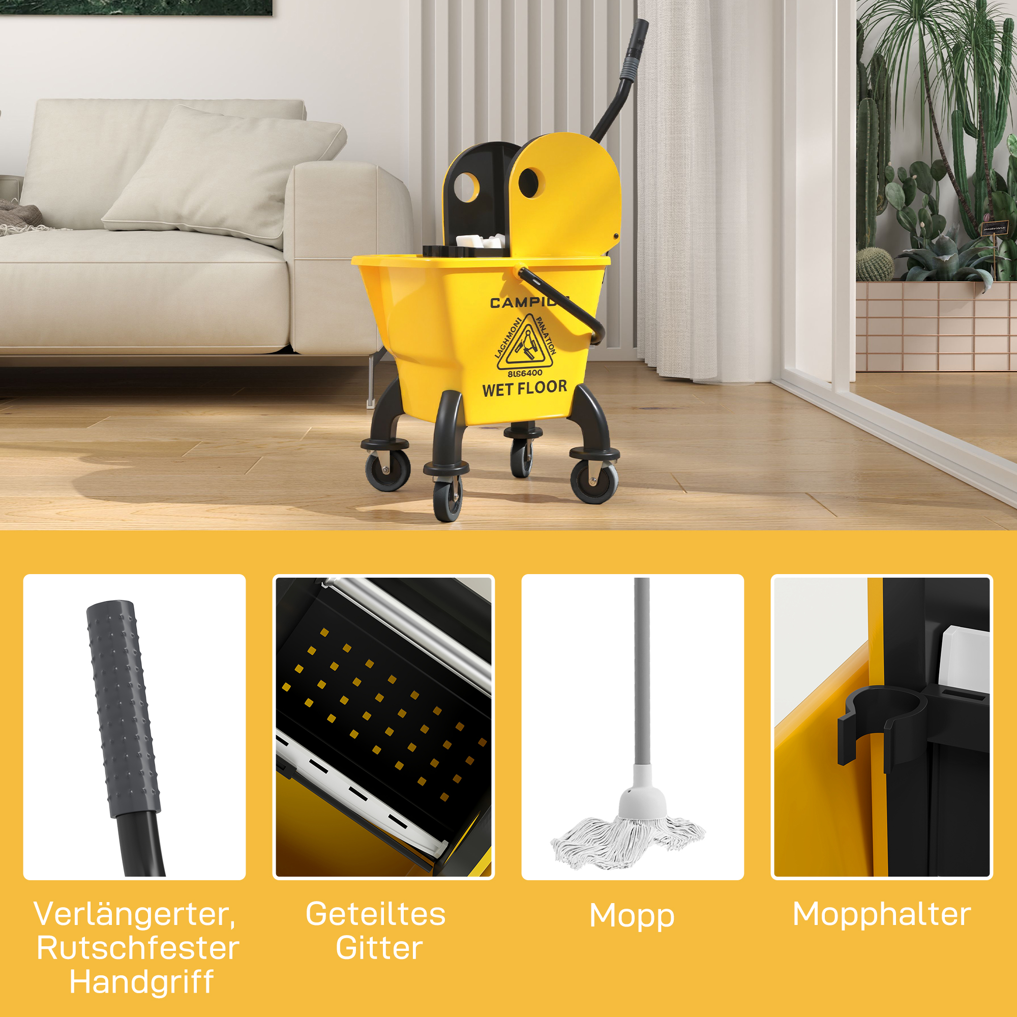 Rollbarer Mopp-Eimer, Wischeimer mit Auswringer und Mopp, 26 Liter, Gelb