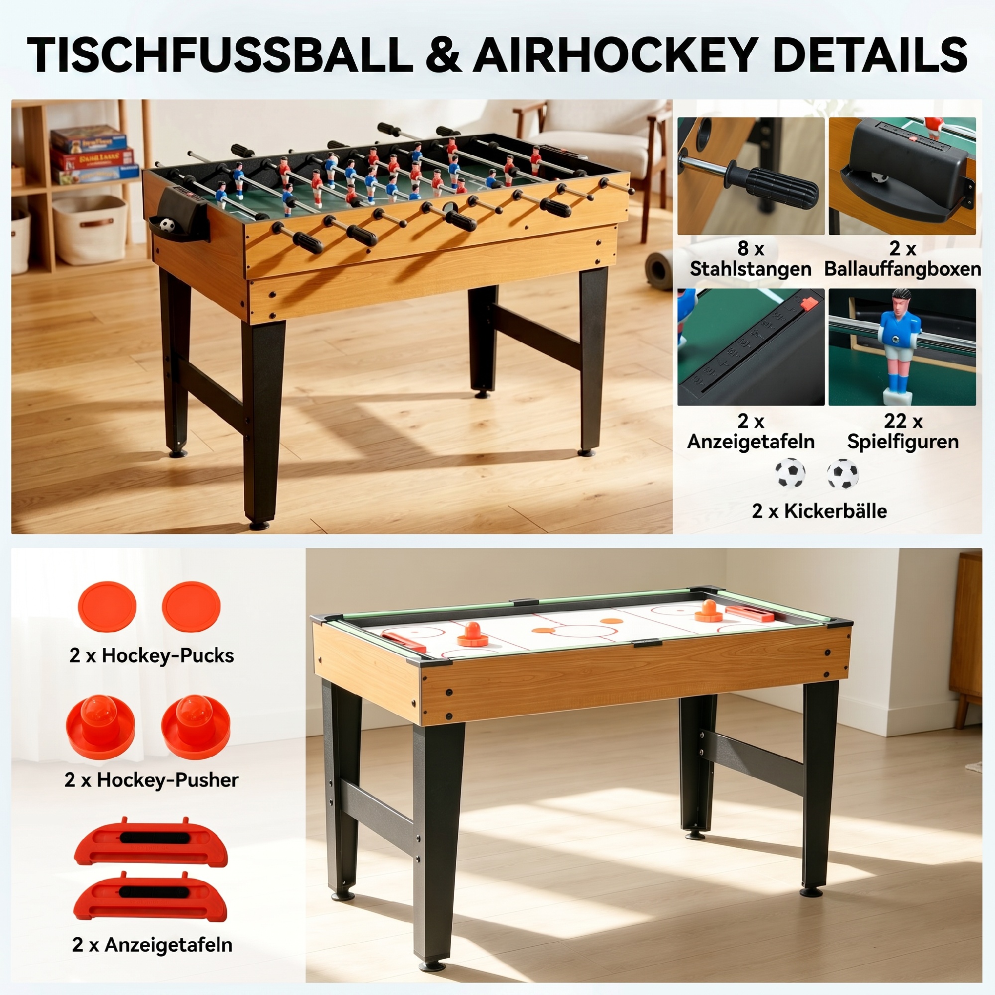 4-in-1 Partyspieltisch inkl. Tischtennis, Kicker, Billard, Tischhockey, Metall, Holz, Natur+Schwarz